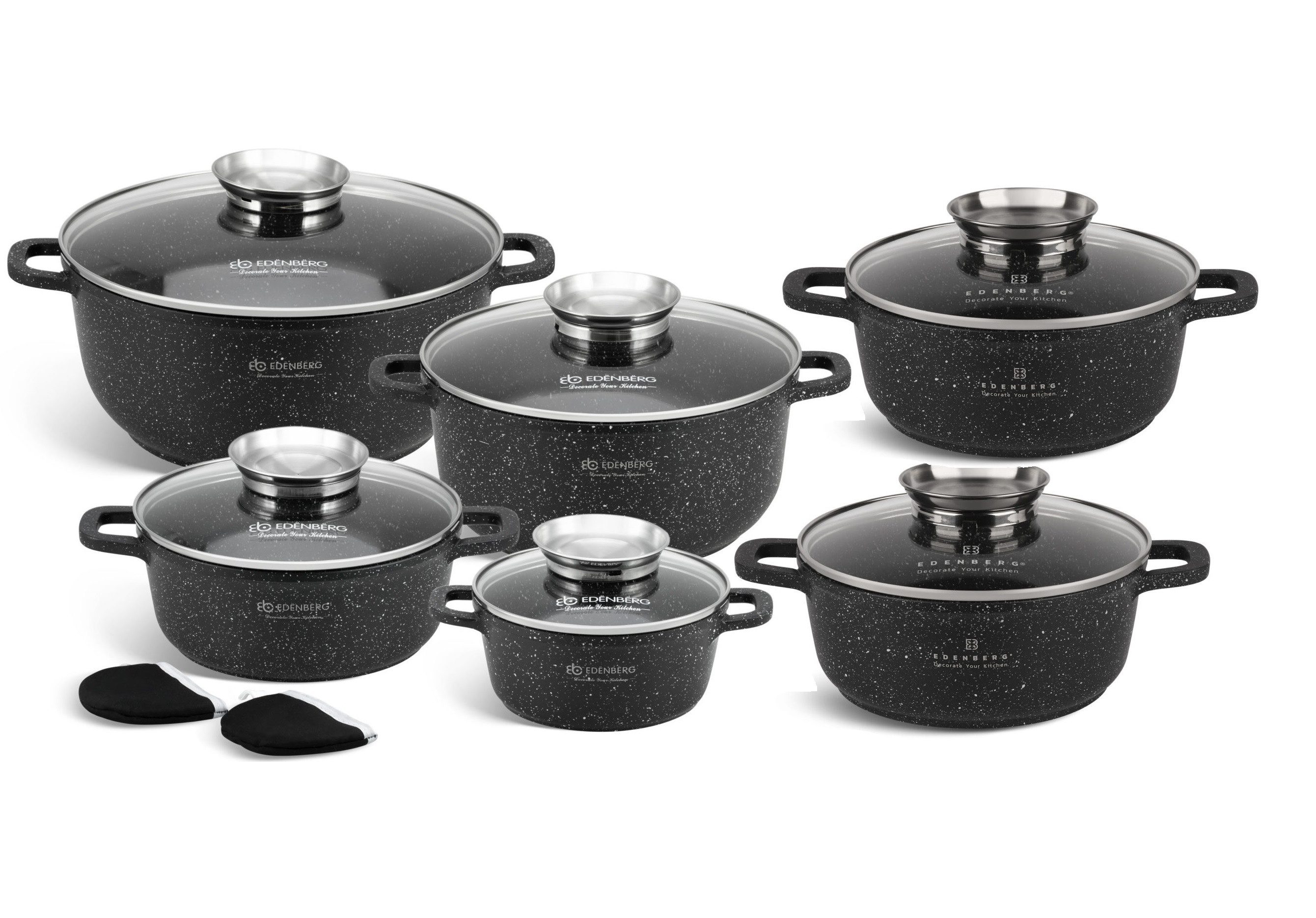 Edenberg Topf-Set Exklusive 12-teilige Töpfe - die perfekte Kombination von Stil, Aluminiumguss, Aluminium, Edelstahl, Keramik (Multifunktional, geeignet zum Kochen, Braten und Backen!, 12-tlg., Es ist eine perfekte Geschenkidee für jeden Anlass), Innovative Aroma Knob-Griffe