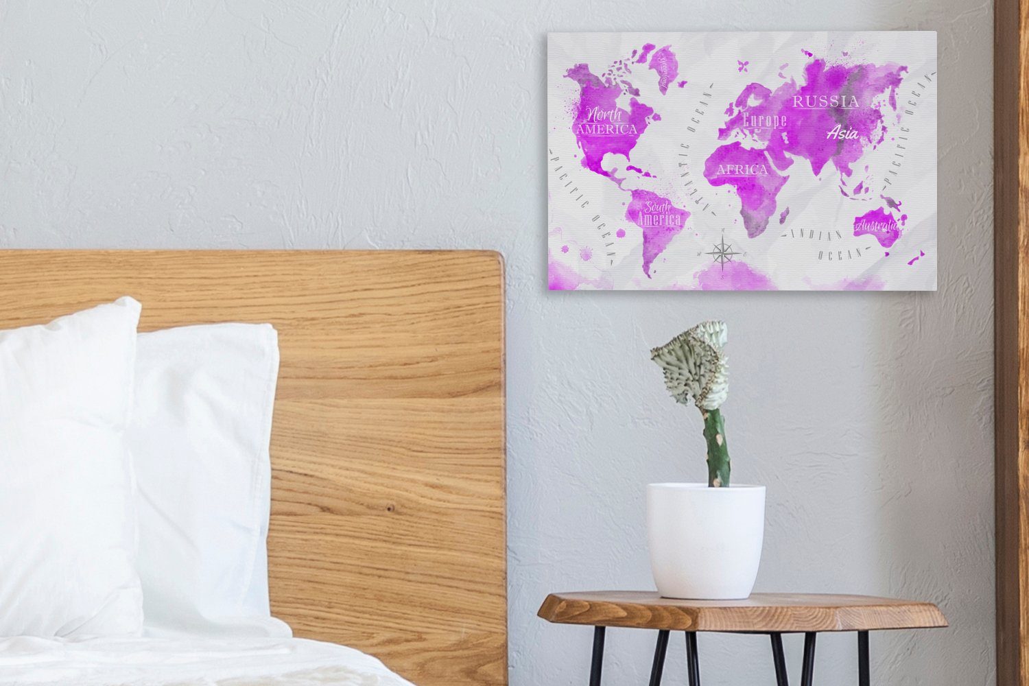 OneMillionCanvasses® Leinwandbild Weltkarte - Wanddeko, Leinwandbilder, 30x20 - Aufhängefertig, St), Ölfarbe, cm (1 Wandbild Rosa