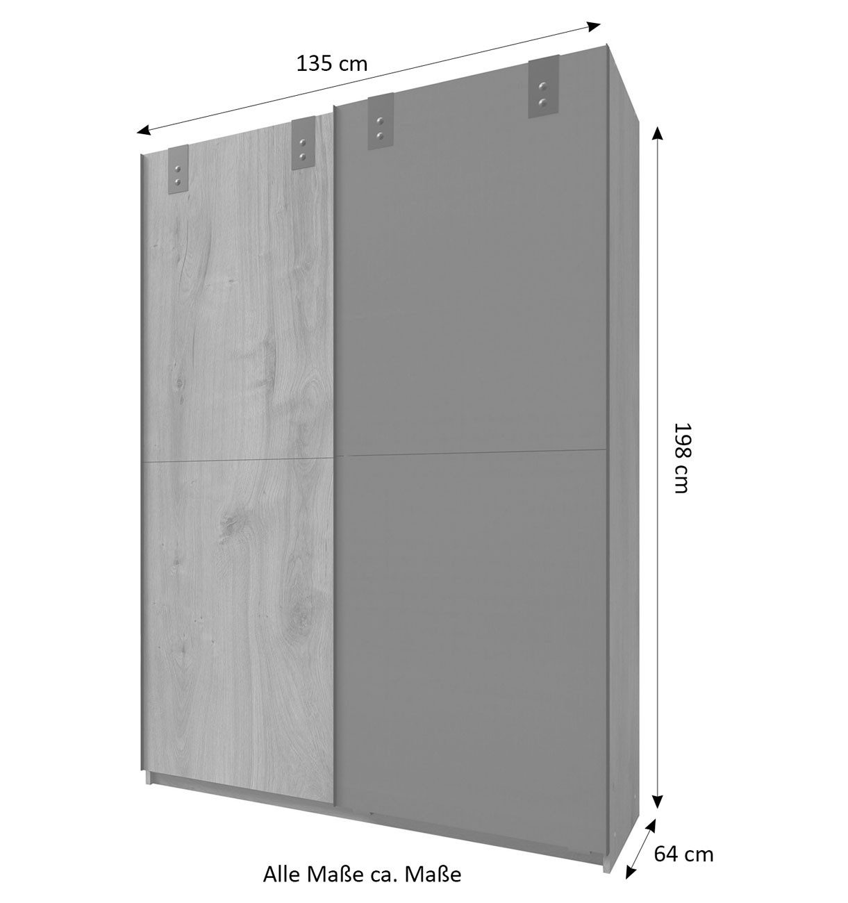Wimex Schwebetürenschrank Cardiff (2-türig, 2 Einlegeboden, 2 Kleiderstangen, 1-St., Industrial-Optik, 2-türig, schwarze Metallgriffleisten) 135x64x198cm / Plankeneiche / graphit
