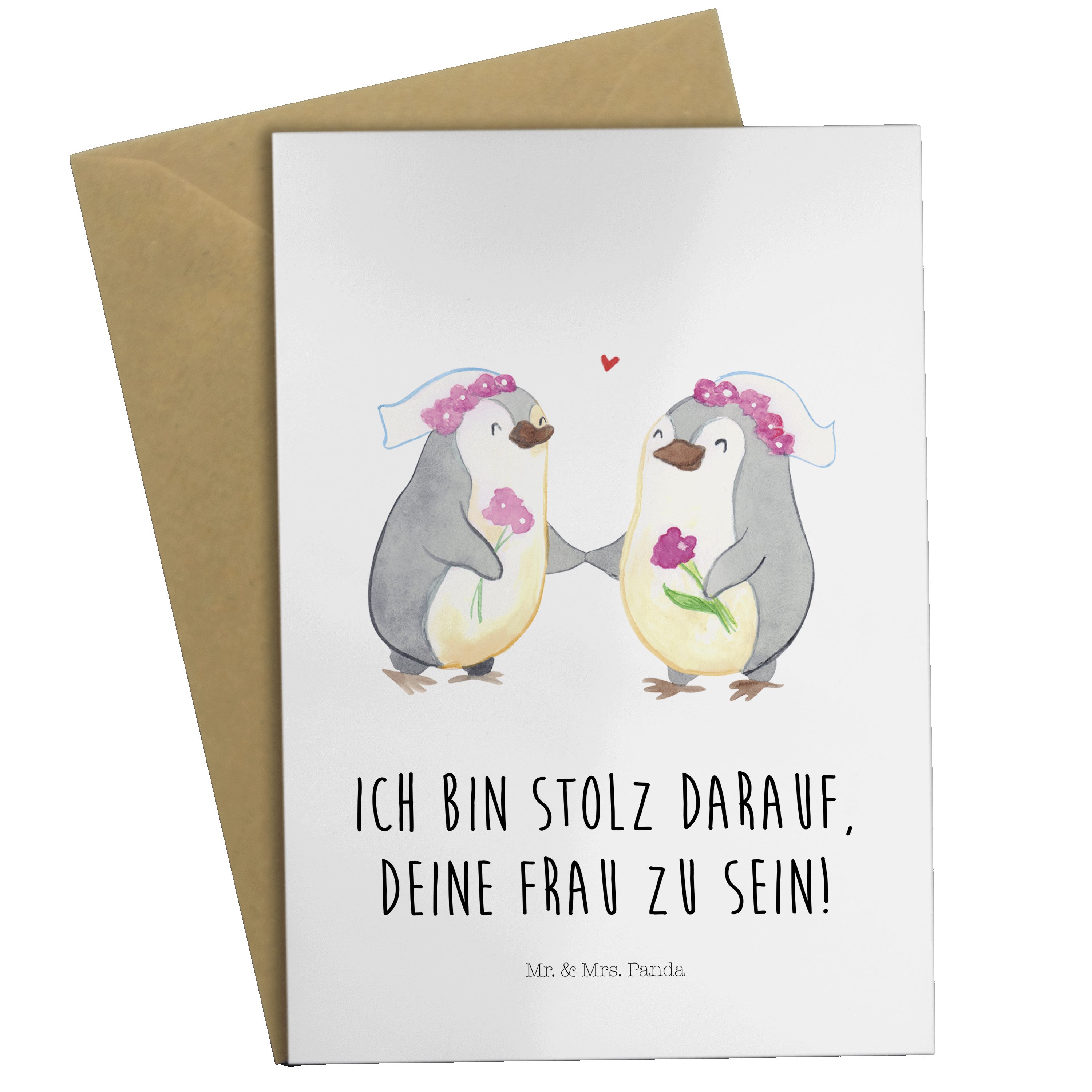 Mr. & Mrs. Panda Grußkarte Pinguin Pärchen Lesbian Pride - Weiß - Geschenk, Verlobungsfeier, Hoc