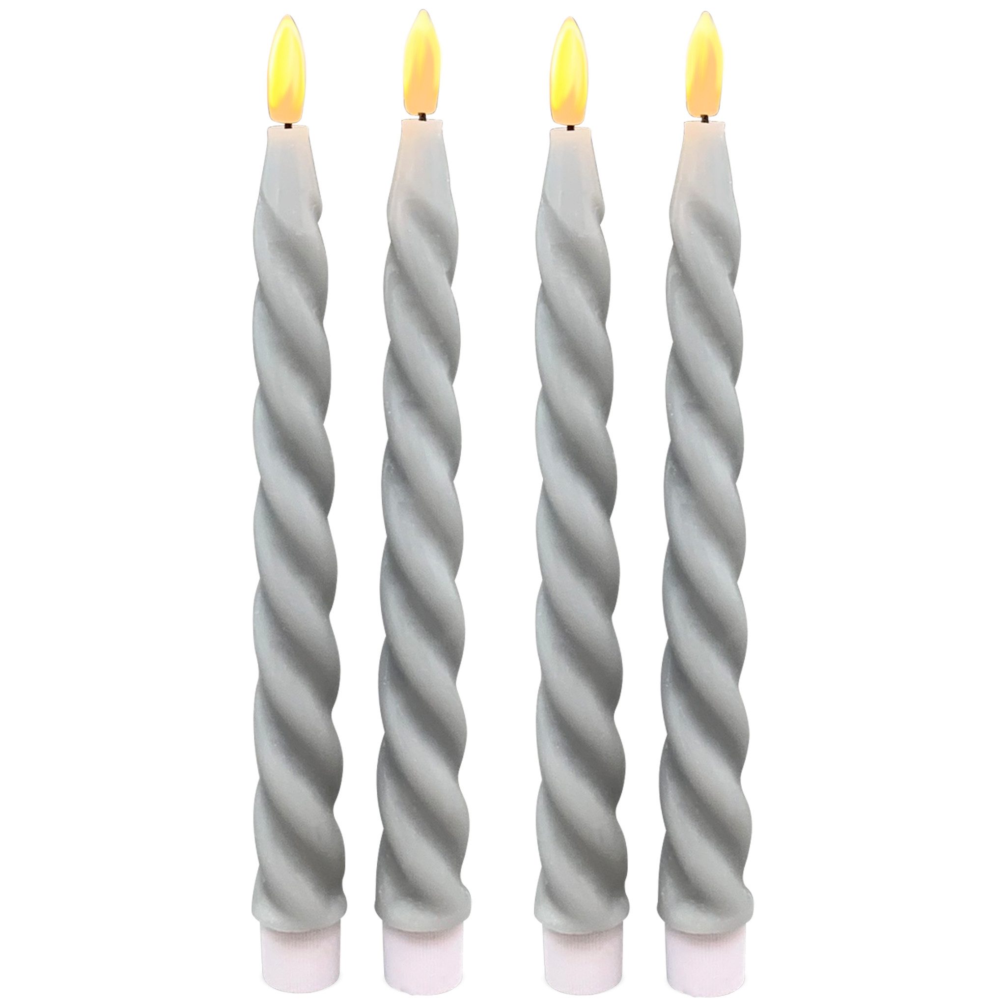 matches21 HOME & HOBBY LED-Kerze LED Stabkerzen Grau im 4er Set, in Ø 2,2 x 22 cm gedreht (4-tlg), Flammenlose. batteriebetriebene Echtwachskerzen mit Timerfunktion