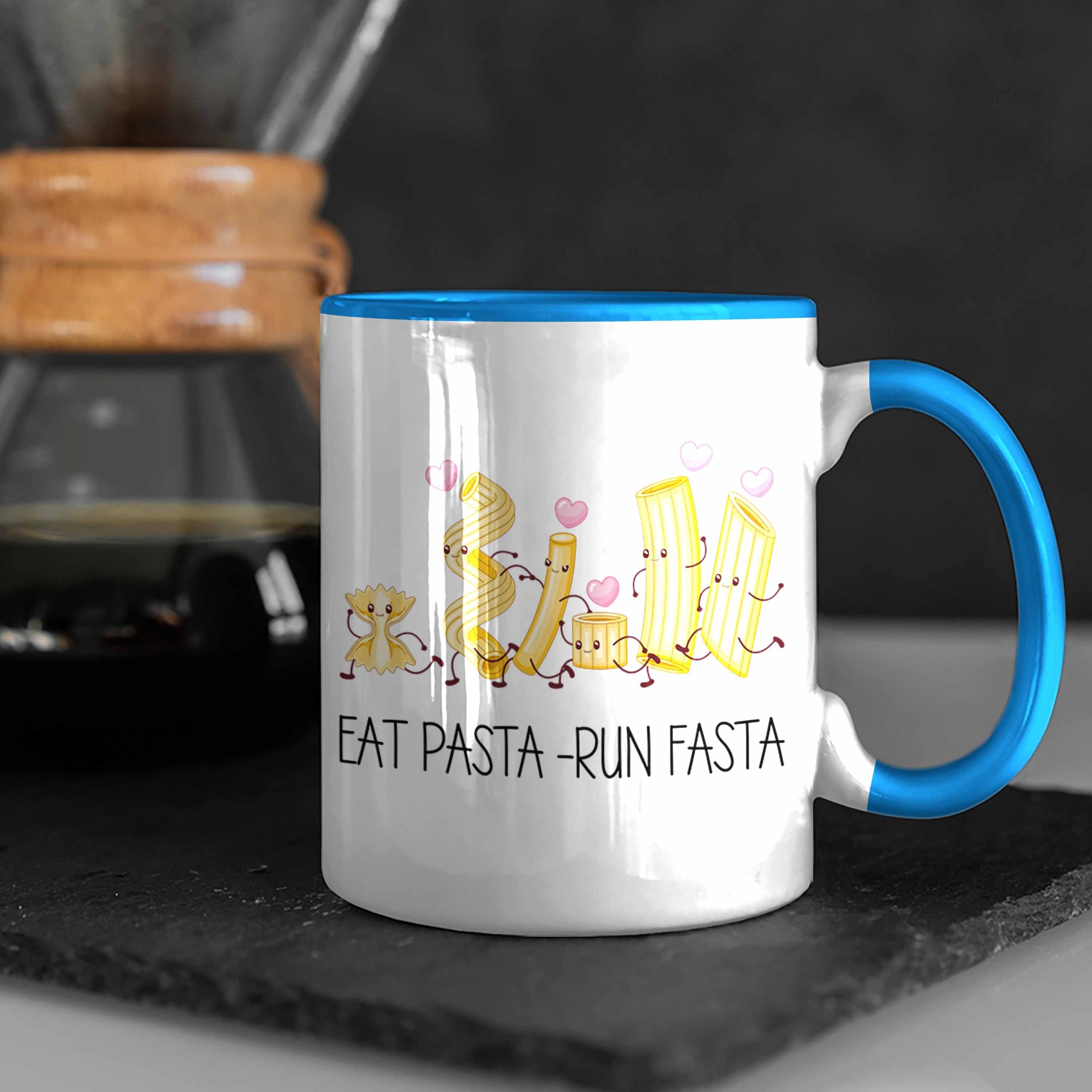 Trendation Tasse Eat Pasta Run Geschenk Tasse Spruc Italiener Fasta Blau