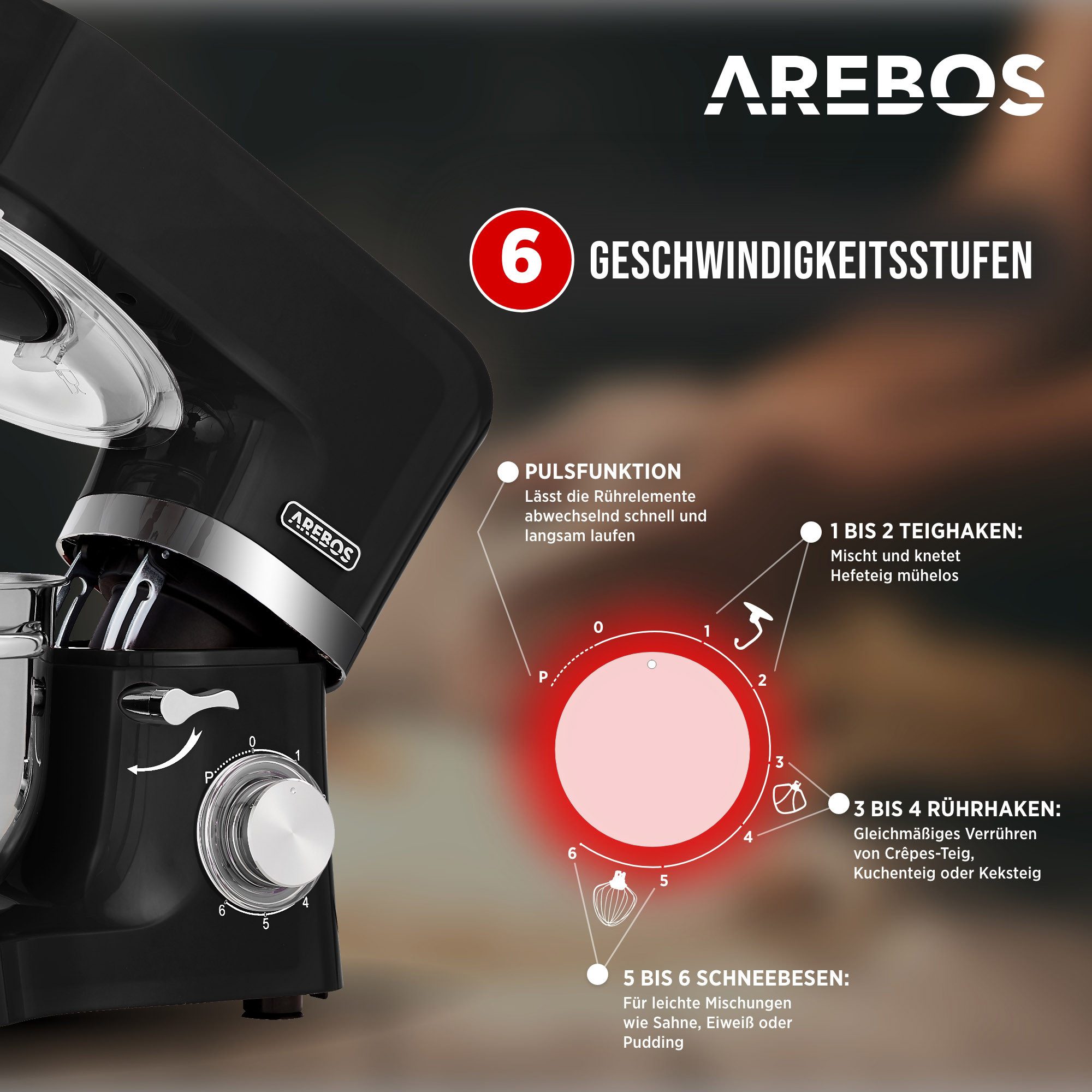 Arebos Küchenmaschine mit 2x Edelstahl-Rührschüsseln 4,5 & 5,5L, 1500 W, 5,50 l Schüssel, Küchenmixer mit Rührhaken, Knethaken, Schlagbesen und Spritzschutz – Bild 3 von 5