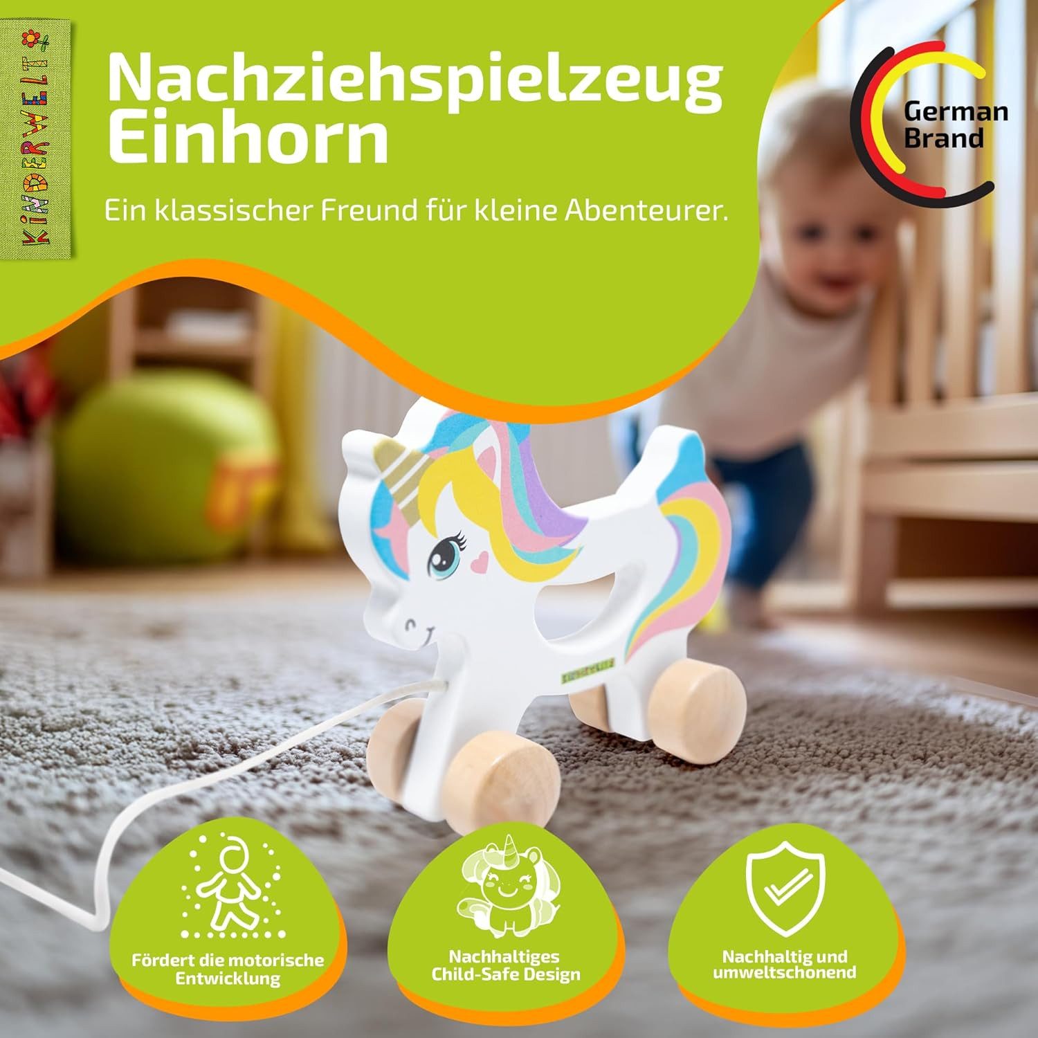 KiNDERWELT Stoffpuppe Nachziehspielzeug Einhorn aus Holz, kindgerechtes Lernspielzeug, Kinde