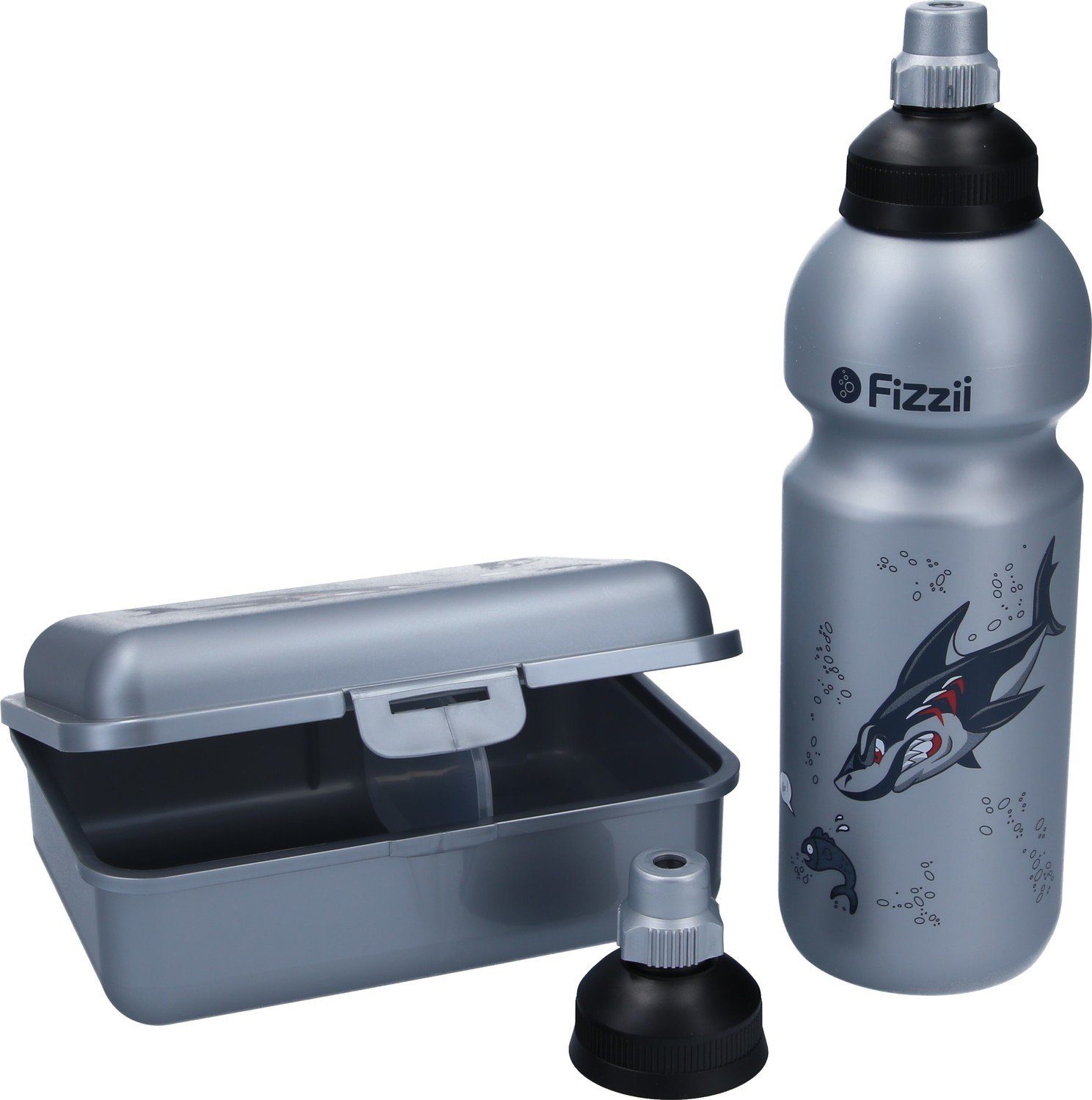 Fizzii Lunchbox mit Trinkverschluss Trennfach & 600ml Hai Brotdose Set, Fizzii und extra 3-er Weltraum Trinkflasche