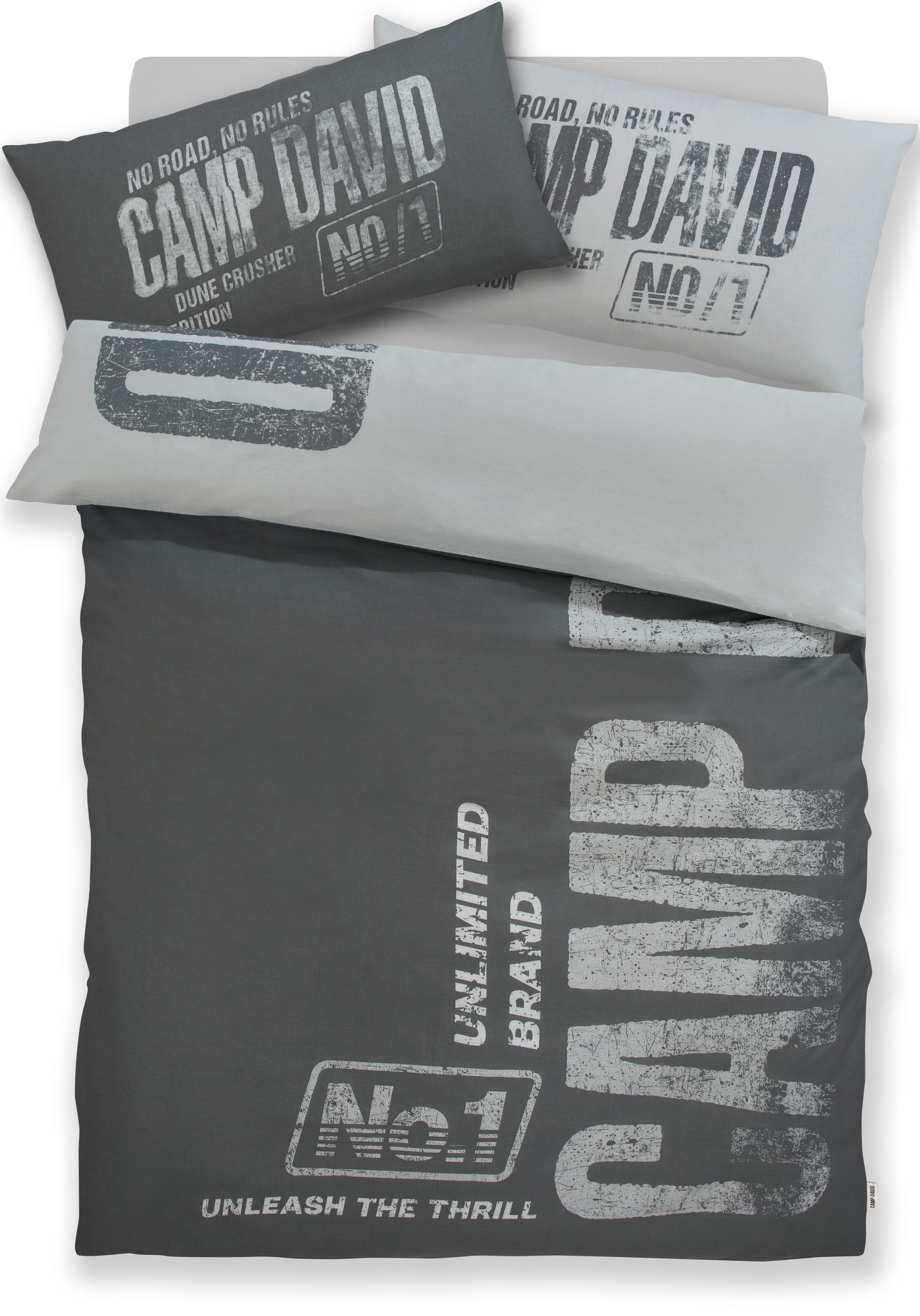 CAMP DAVID Wendebettwäsche Kymber, Renforcé, 2 teilig, NEUHEIT! Bettwäsche ab 135x200cm, mit coolem Schriftzug