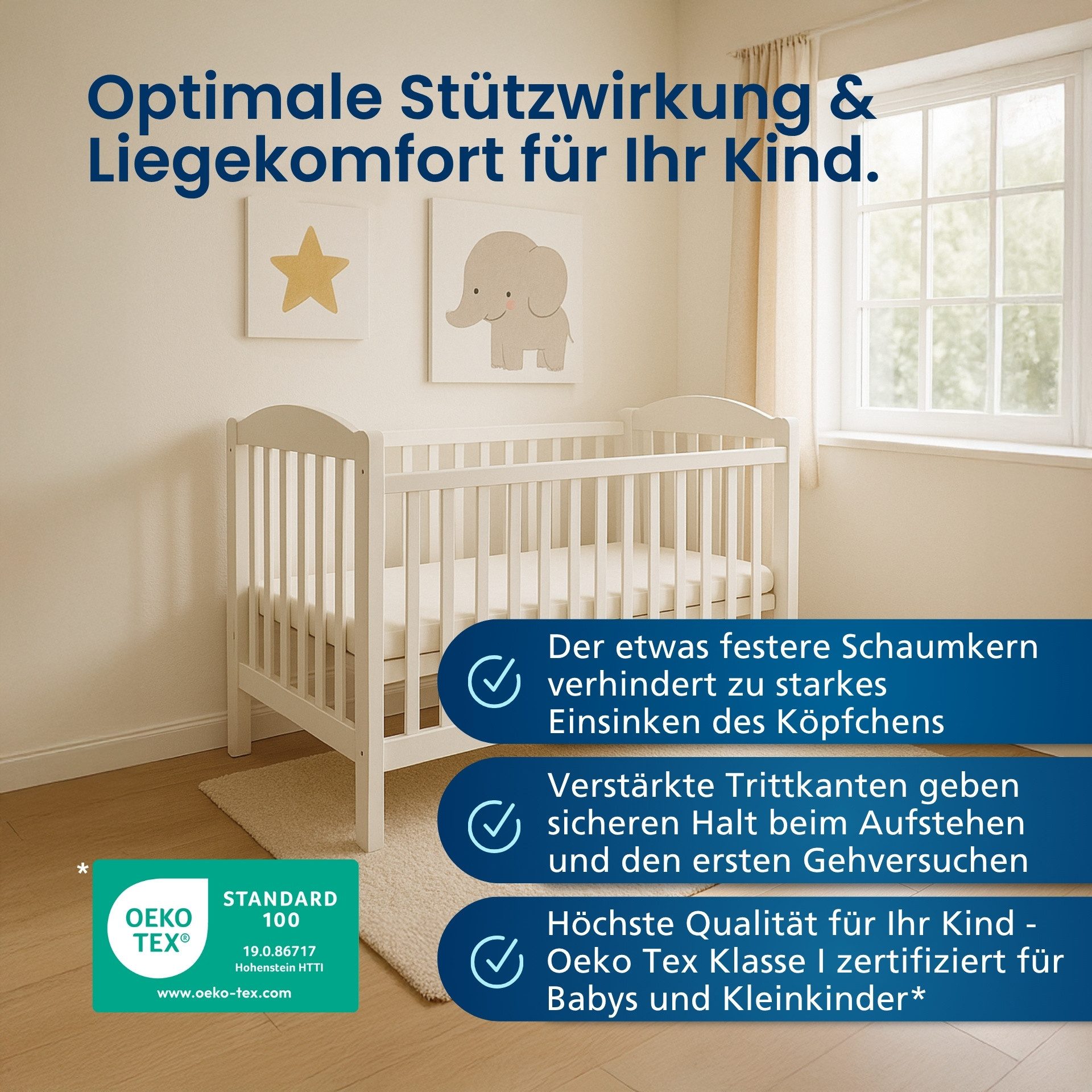 Kindermatratze bis 5 Jahre, Babymatratze mit Trittkanten, Waschbarer Bezug, DormiGood, 9 cm hoch, 60x120 cm