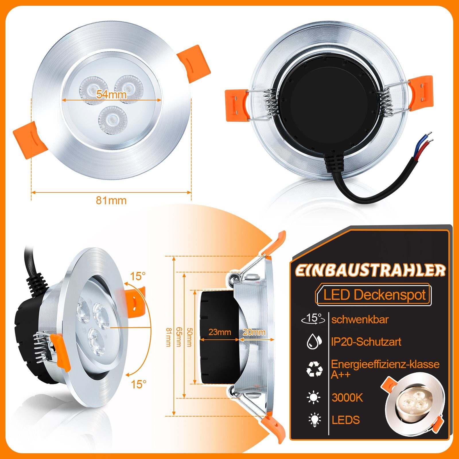 Warmweiß LED 245lm Warmweiß 20X 3000K LED Set, Schwenkbar Gimisgu 3W Einbaustrahler 20er Einbauleuchte Drehbar