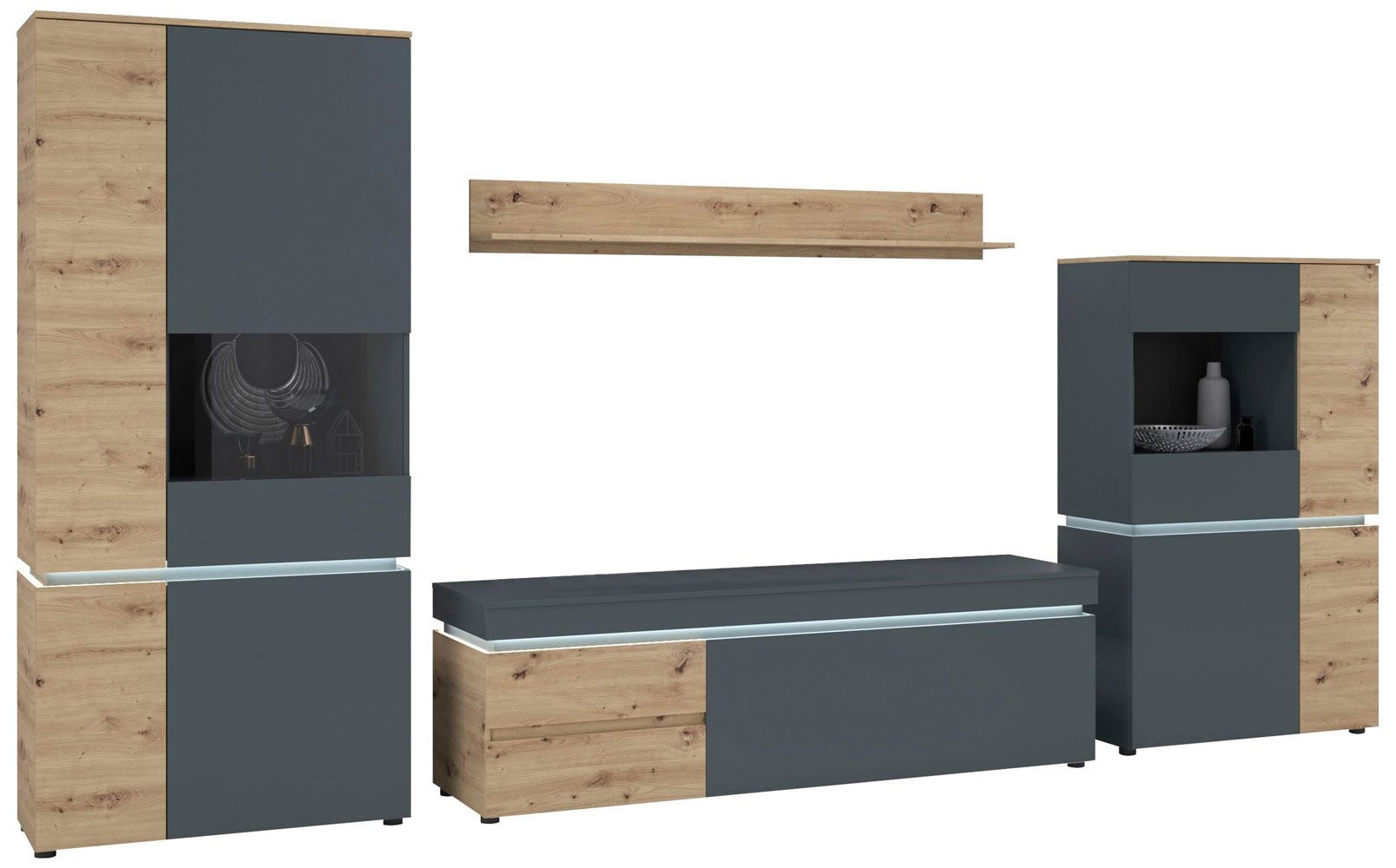 Feldmann-Wohnen Wohnwand Luci, (Luci, 4-St., 3-teilige Wohnwand), 4-teilig Eiche Artisan / grau