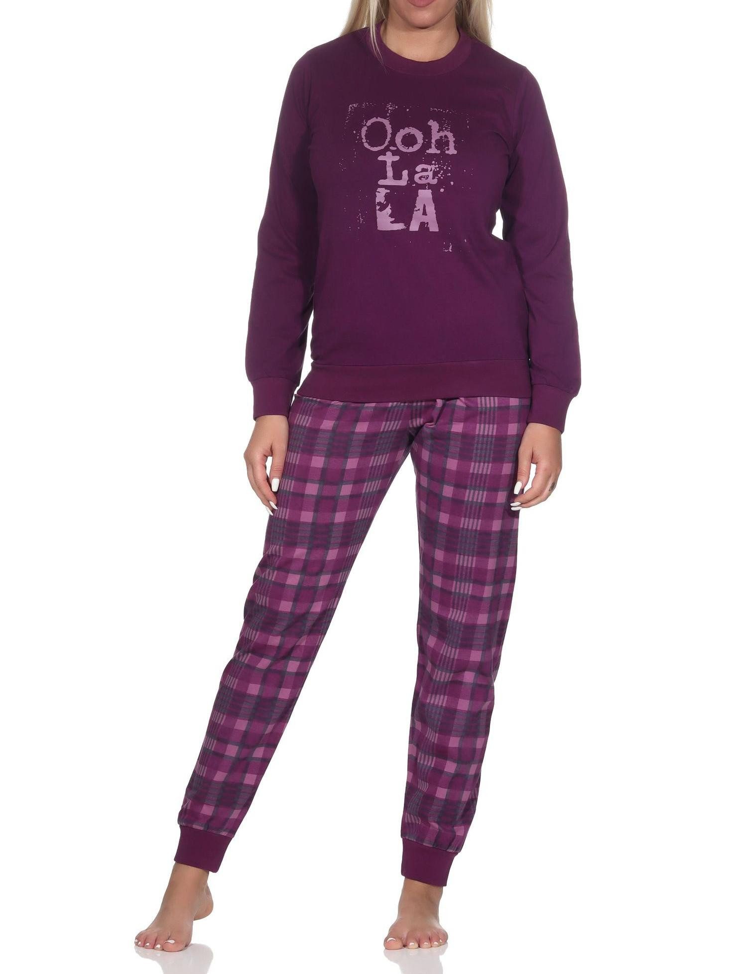 Pyjama Normann Damen Schlafanzug mit Bündchen mit karierter Jersey Hose