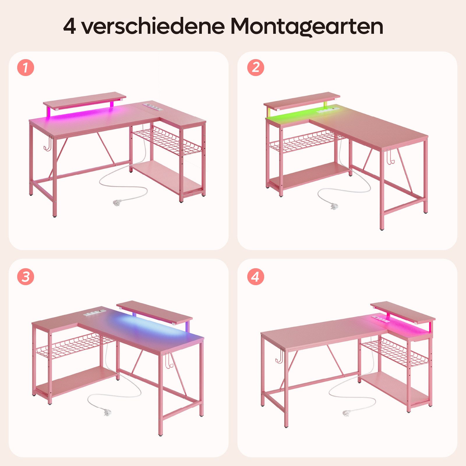 Bestier Gamingtisch Gaming-Schreibtisch L-Form mit LED, 106/133/147 × 50 cm Computertisch (1 Tisch)