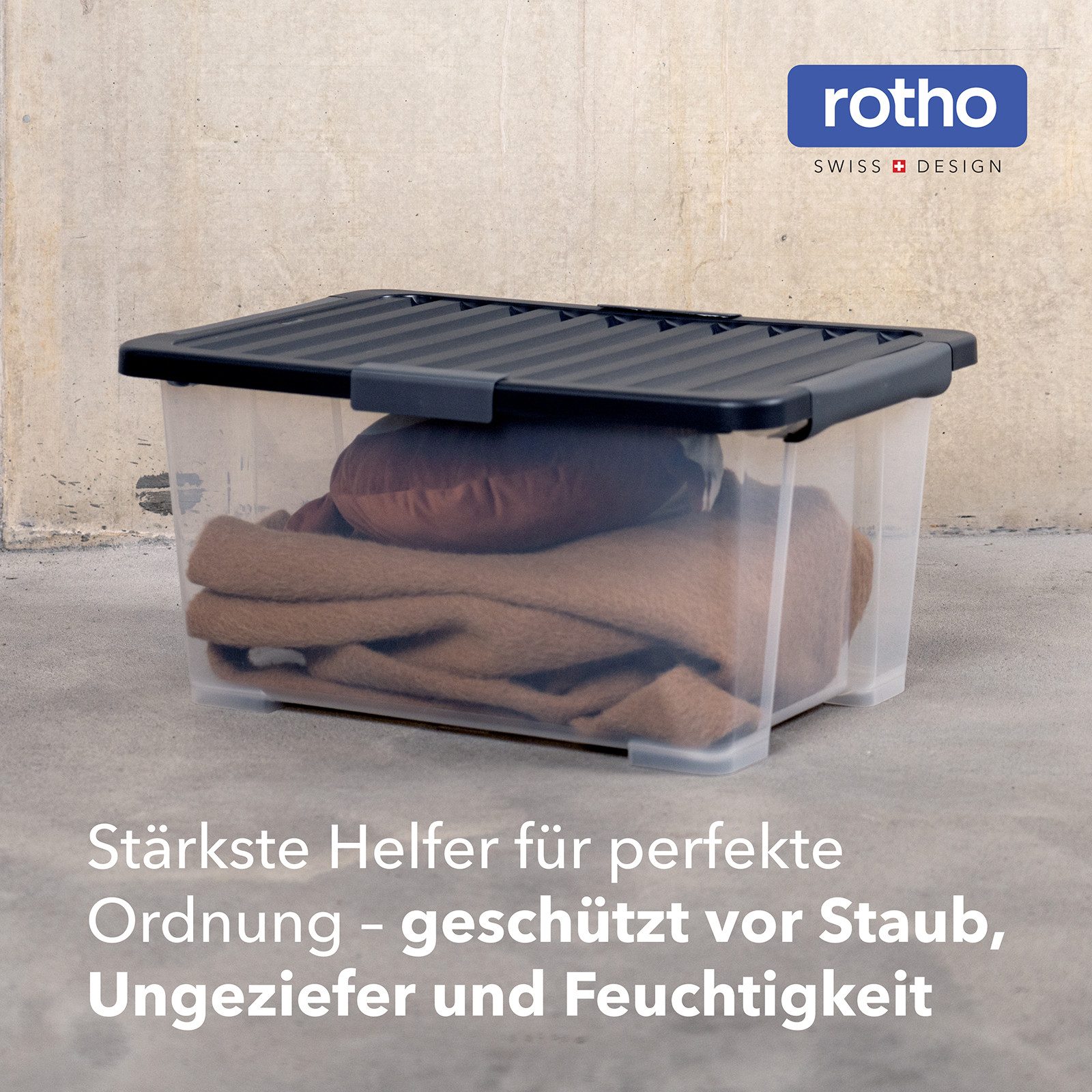 ROTHO Aufbewahrungsbox 4er-Set CORE PRO 44 L stapelbare Box mit gedichteter Deckel (Lagerboxen-Set, 4er-Set), große Dichtbox ideal für Kleidung, Decken und Haushaltsartikel