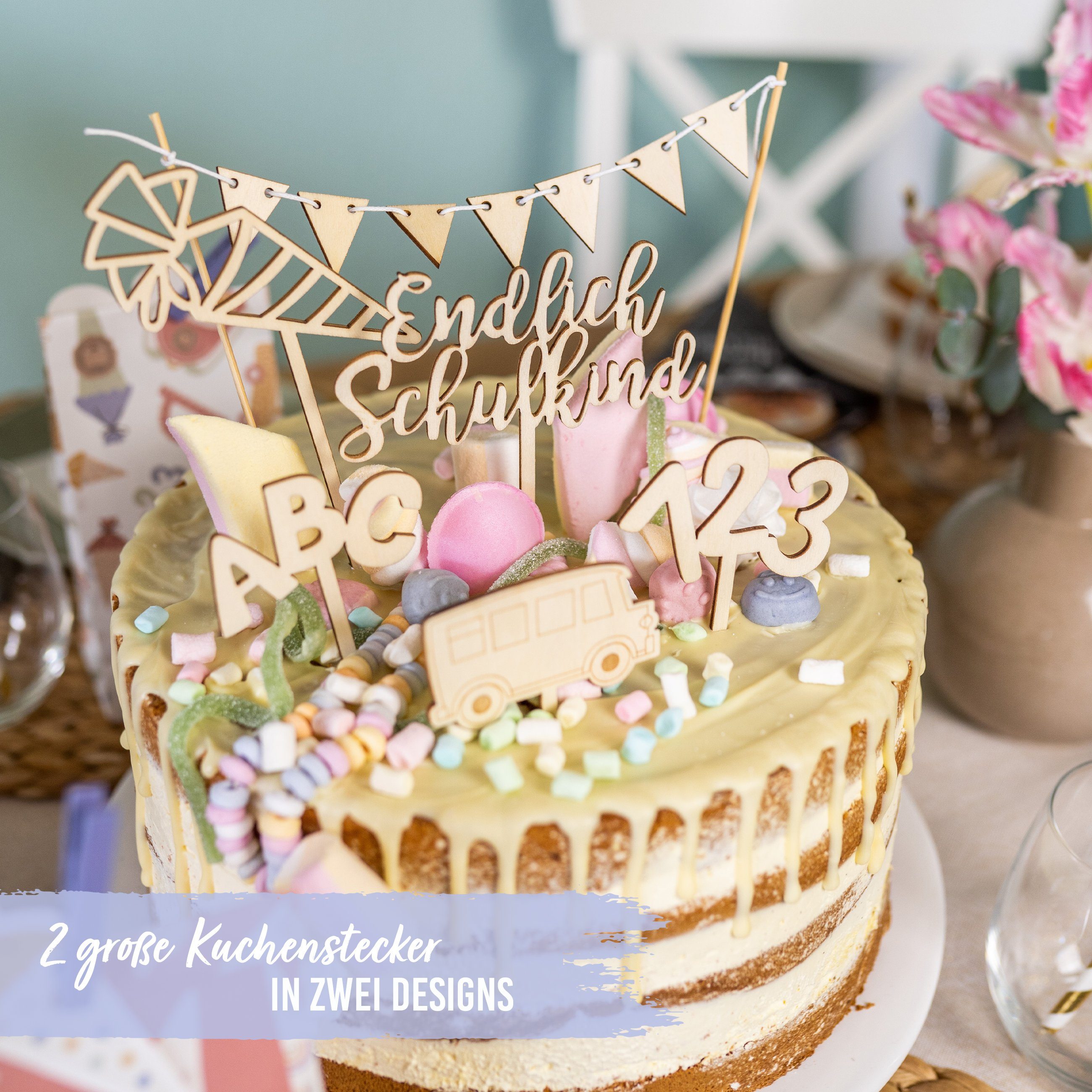 PAPIERDRACHEN Tortenstecker Kuchenstecker aus Holz zur Einschulung, Einschulung - Erste Klasse - Einschulungsparty