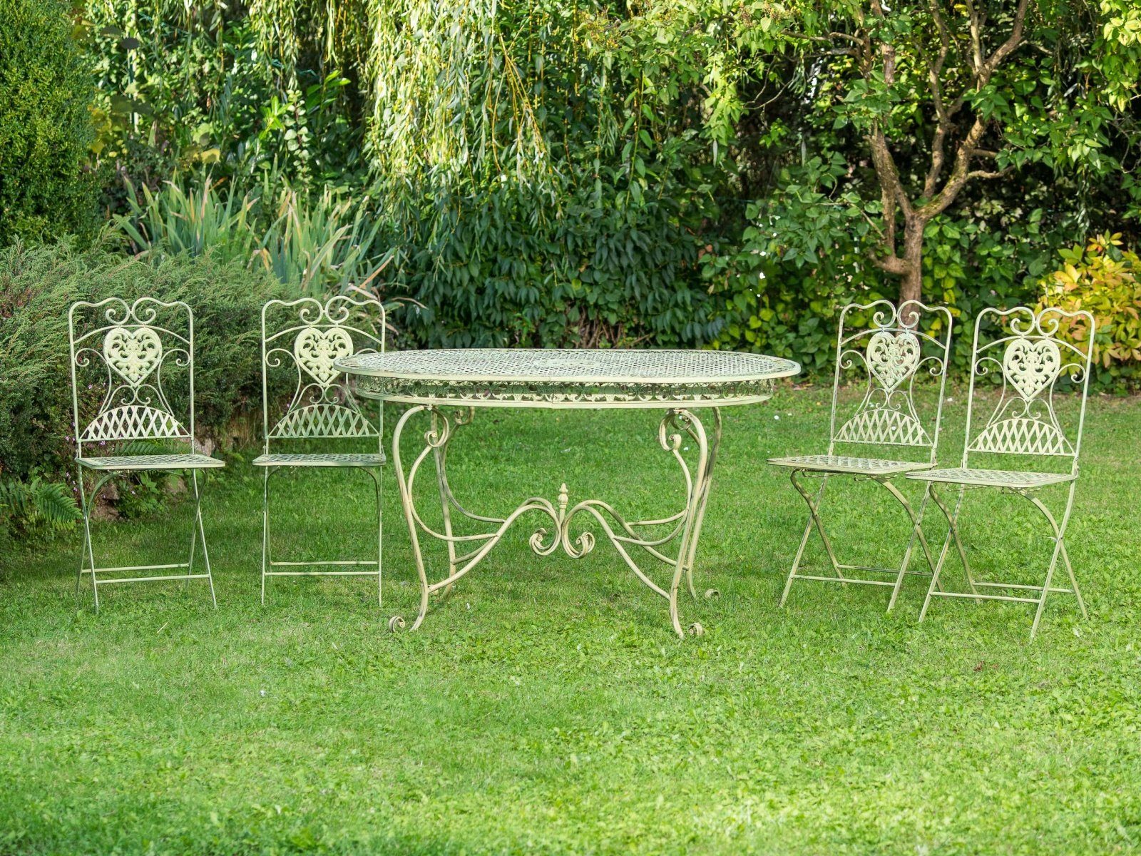 Aubaho Sitzgruppe Gartentisch grün Stühle Eisen Garnitur 4 Stil Stuhl antik Gartenmöbel