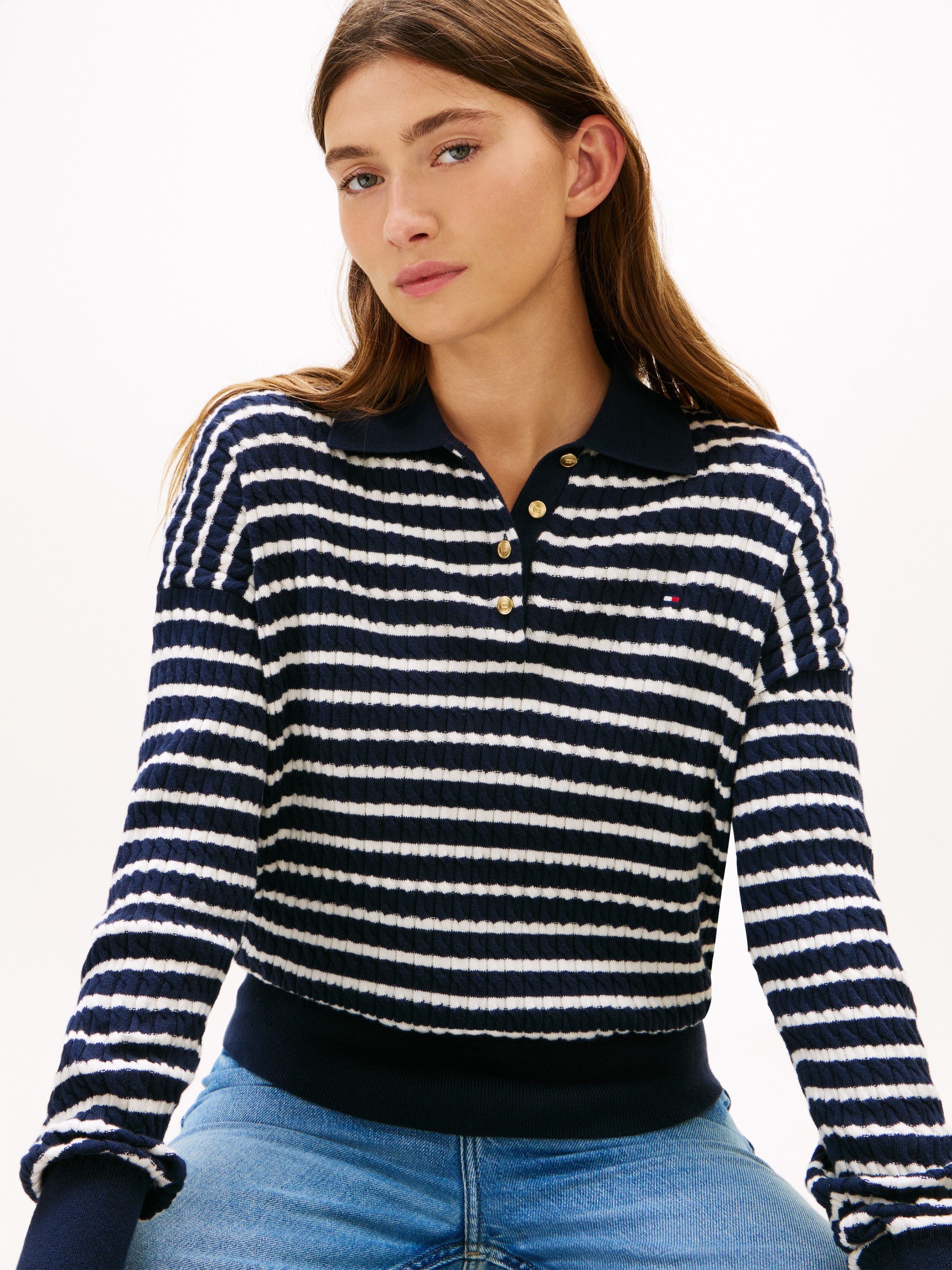 Tommy Hilfiger Strickpullover CO CABLE FINE GG RLXD POLO SWT mit Zopfmuster