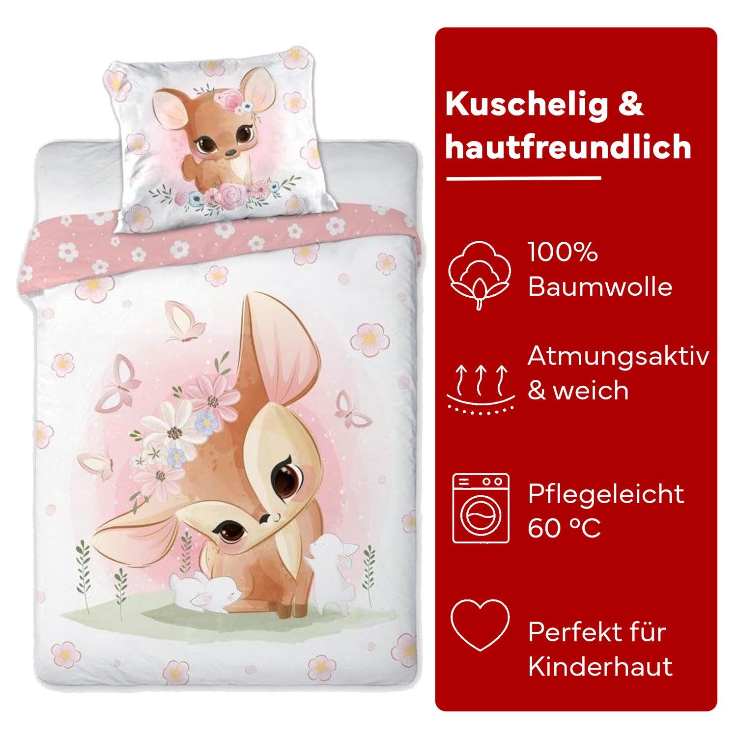 texpot Bettwäsche Kinderbettwäsche Reh Tiere bedruckt Garnitur, 2 teilig