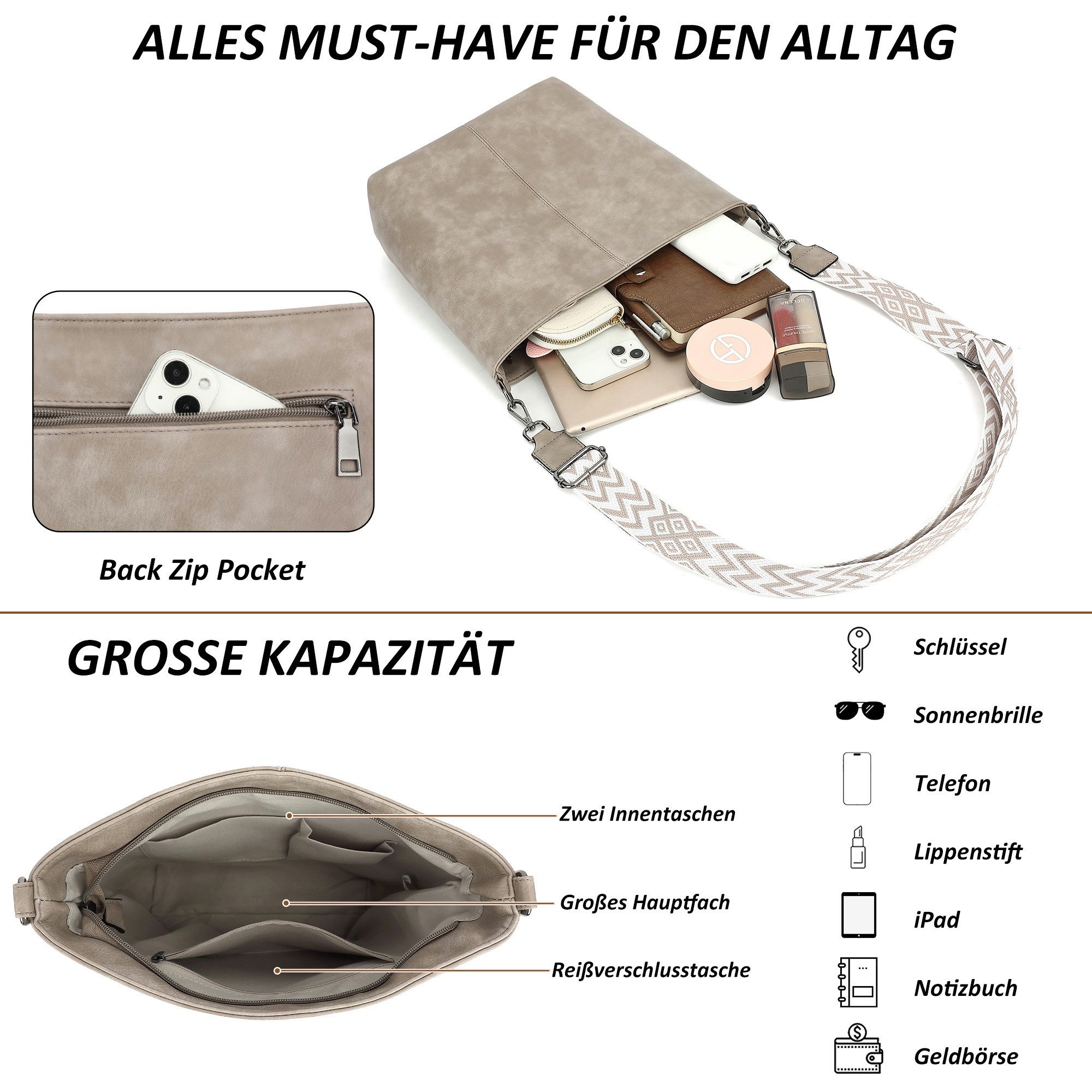 TAN.TOMI Schultertasche Damen Crossbody Bag Henkeltasche Mittel Umhängetasche, Mit Verstellbar Abnehmbar Für Pendeln Reise Campus Sport