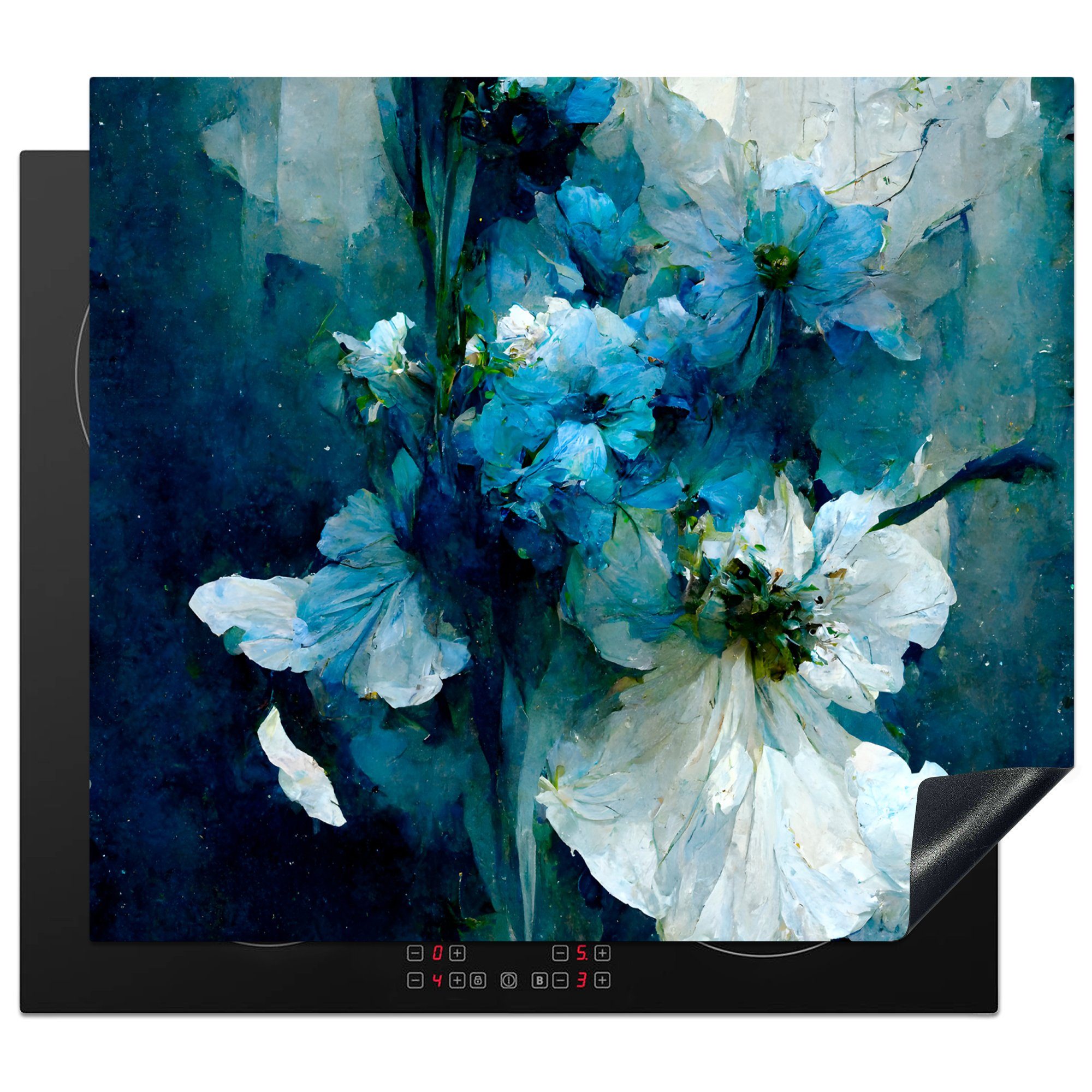 MuchoWow Herdblende-/Abdeckplatte Blumen - Blumenstrauß - Farbe - Blau, Vinyl, (1 tlg), 60x52 cm, Mobile Arbeitsfläche nutzbar, Ceranfeldabdeckung
