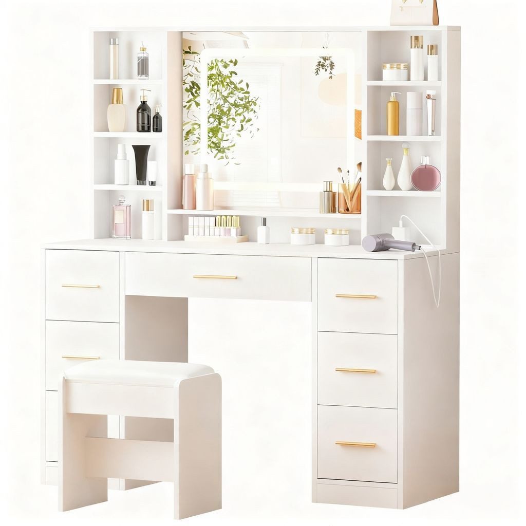 BEWISHOME Schminktisch mit Spiegel und Hocker, Ladestation, 7 Schubladen, L günstig online kaufen