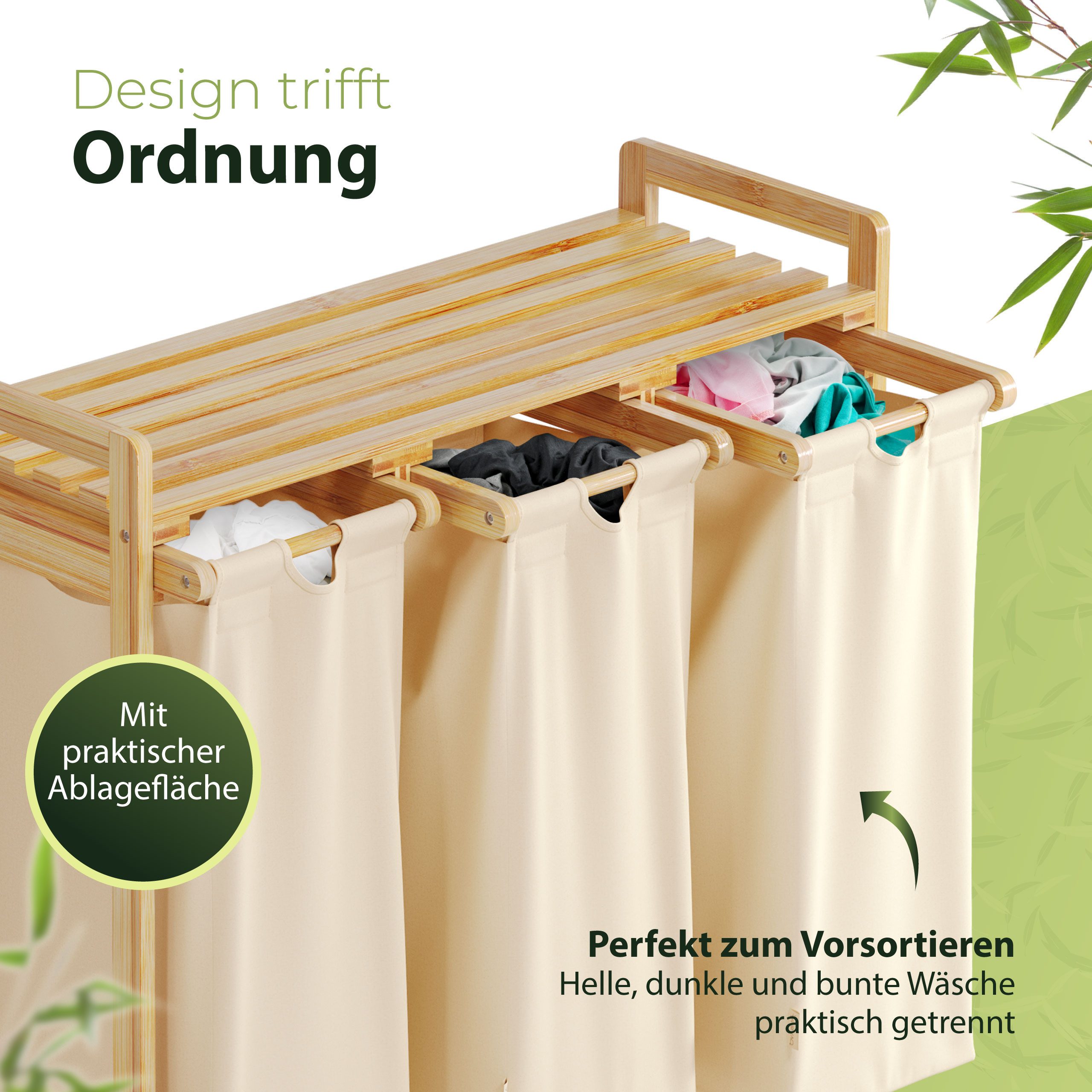AMBIAVO Wäschekorb 3 Fächer aus Bambus günstig online kaufen