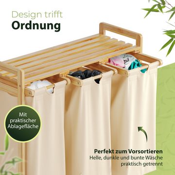 AMBIAVO Wäschekorb 3 Fächer aus Bambus und Baumwolle, mit Ablage