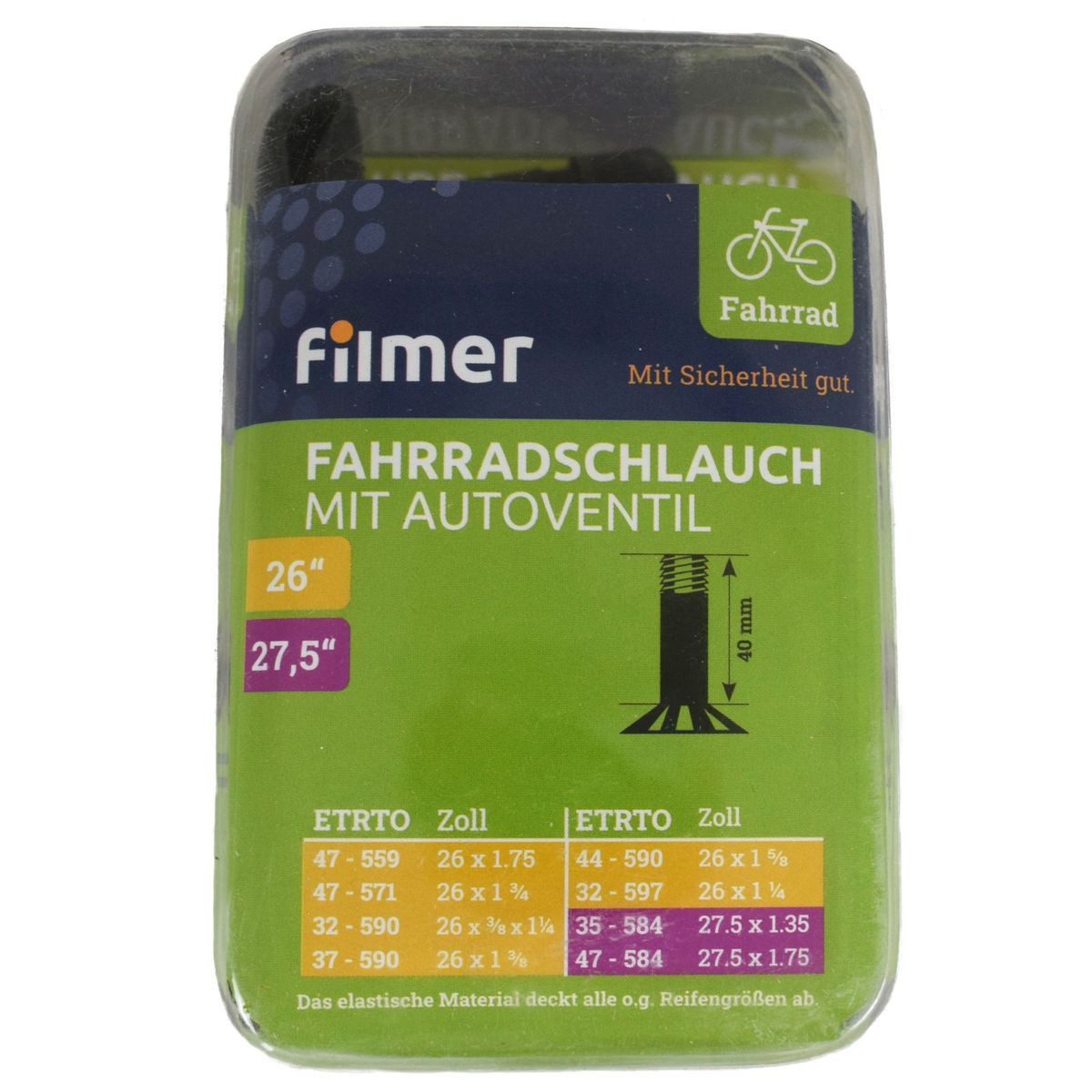 Filmer Fahrradschlauch Fahrradschlauch mit Autoventil in verschiedenen Größen, 26 - 27,5 Zoll, mit Autoventil