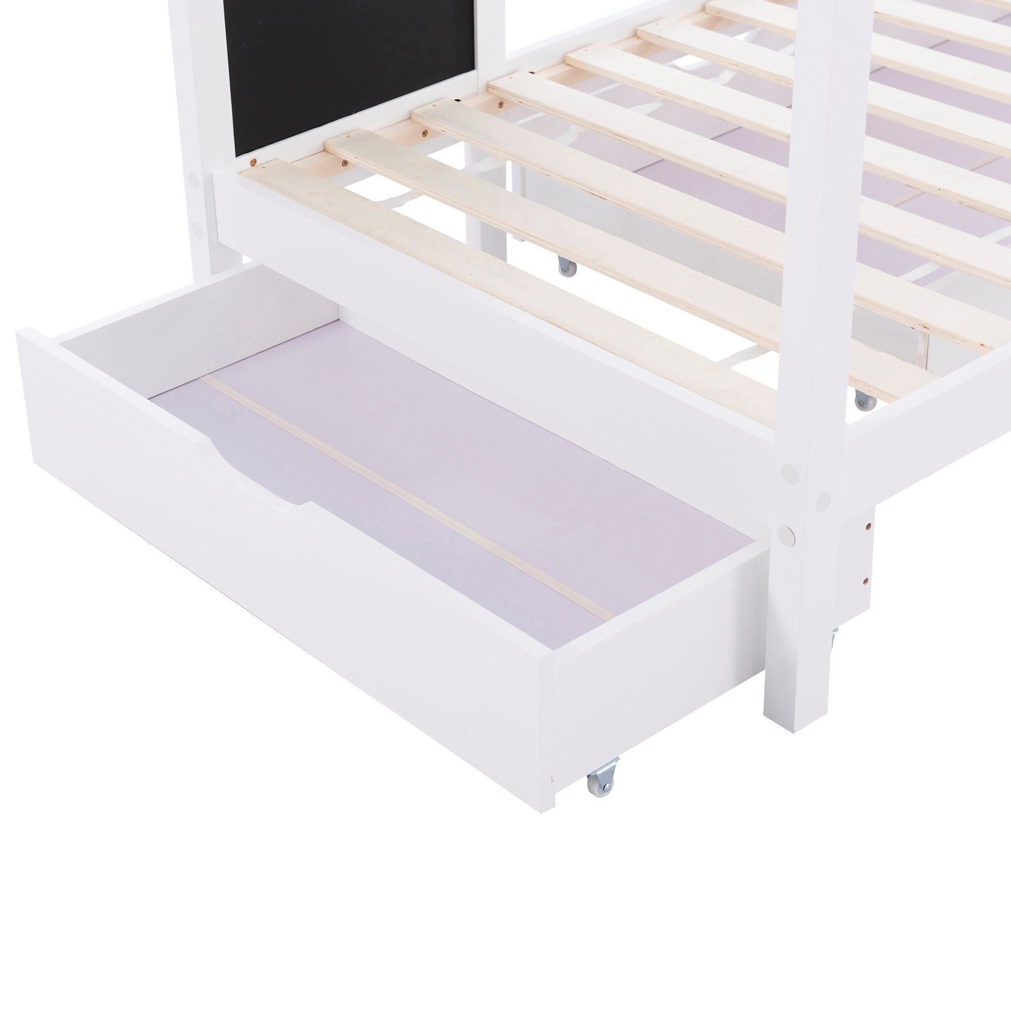 Kinderbett (Hausbett mit Rausfallschutz und Lattenrost, Holzbett mit Tafel und 2 Schubladen), Einzelbett 90 x 200 cm Bett für Kinder, Mädchen und Jungen