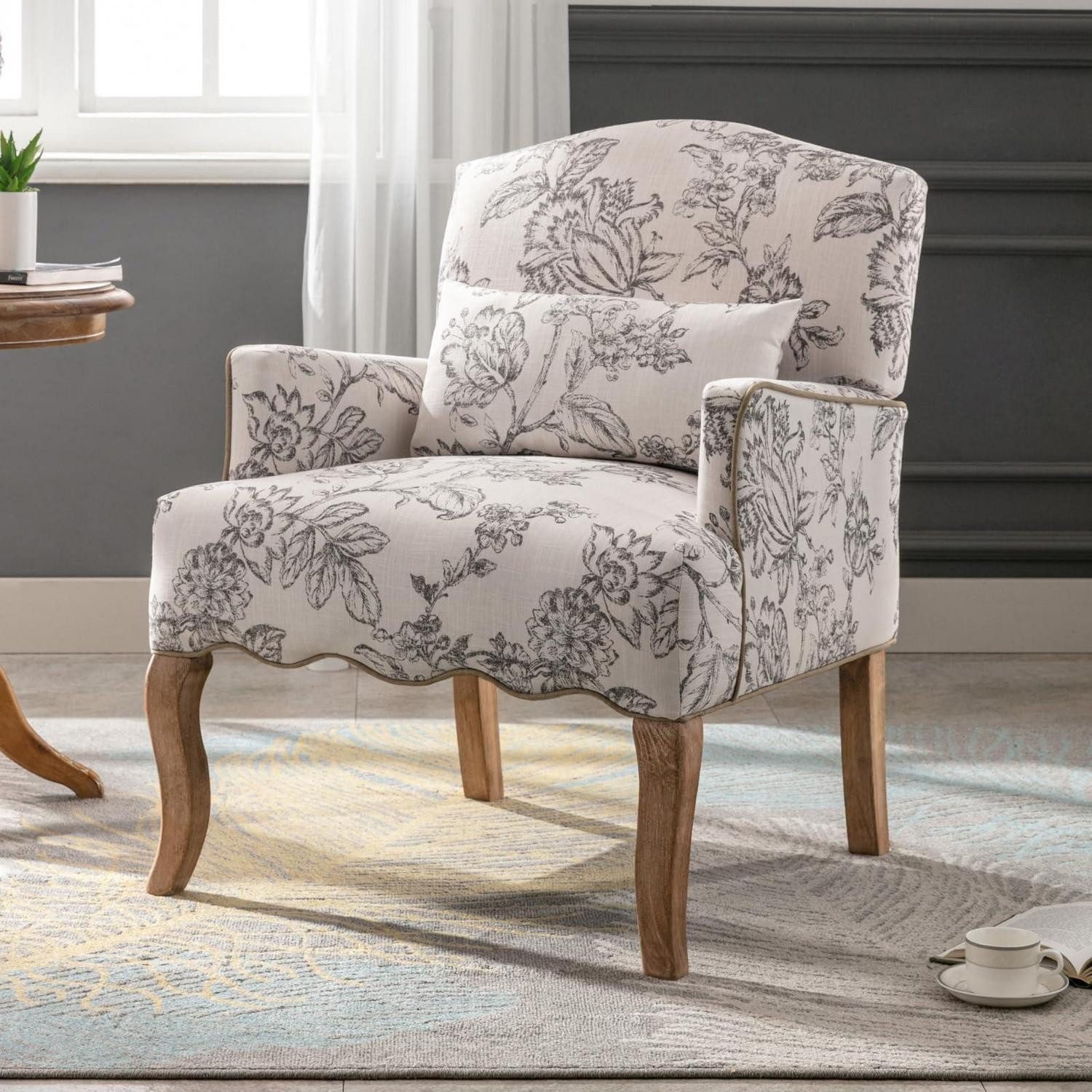 LuxusKollektion Cocktailsessel Sessel Armlehne Holzbeine Blumenmuster Akzentstuhl Kissen Beige