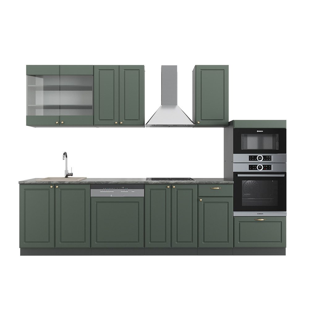 Vicco Кухниzeile Fame-Line Grün-Gold LH/Anthrazit 300cm mit Hochschrank ohne AP