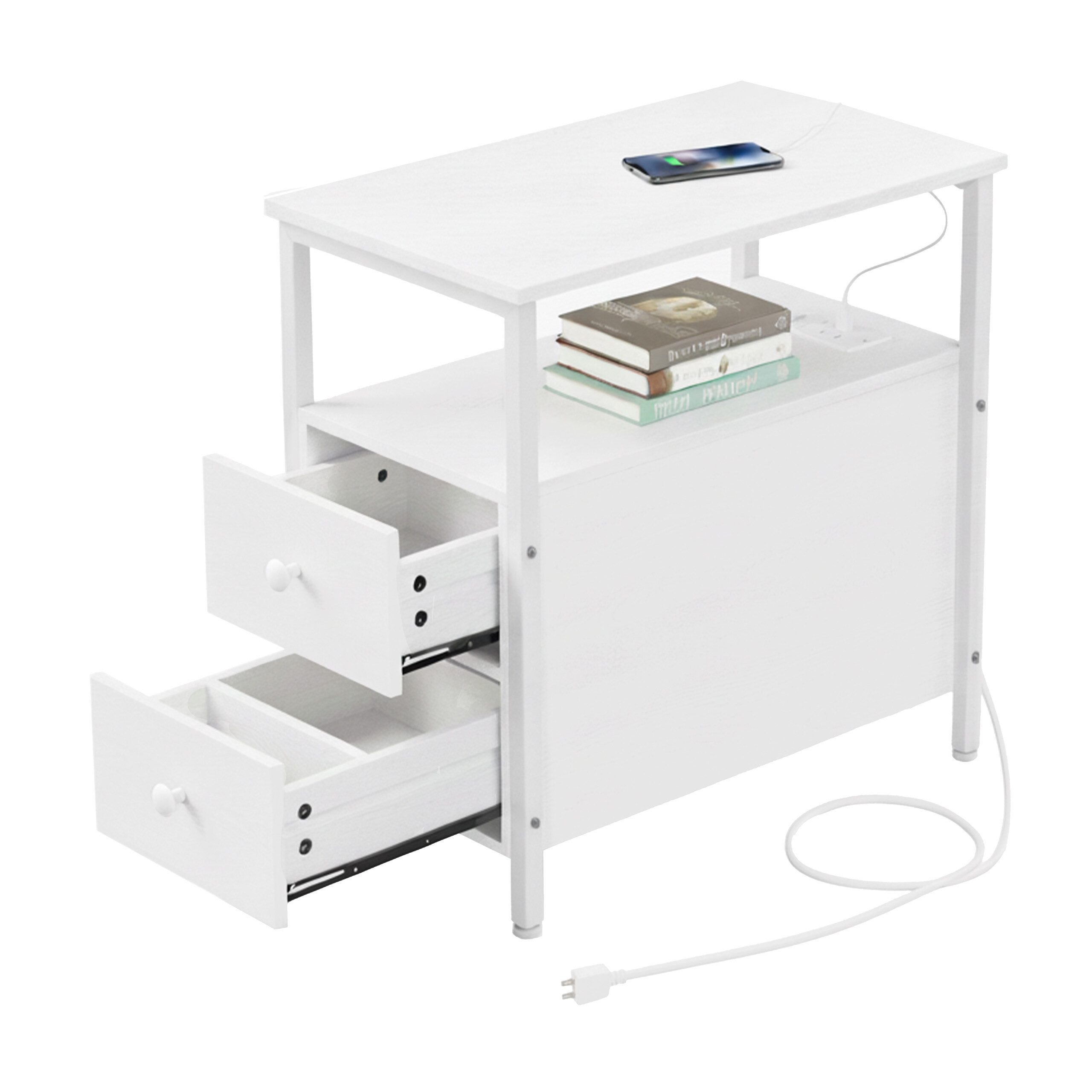 relaxdays Beistelltisch mit Steckdose, weiß