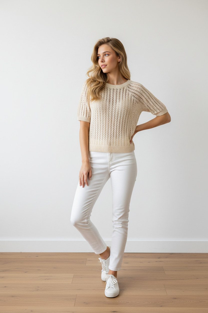 Zuckerwatte Ajourpullover modisch kurz aus 100% Baumwolle günstig online kaufen