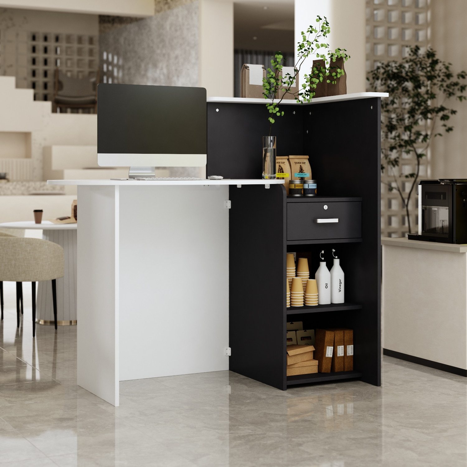 HOMSEE Empfangstheke Rezeptionstheken, 40T x 121B x 110H cm​, Weiß und Dunkelgrau (1-St)