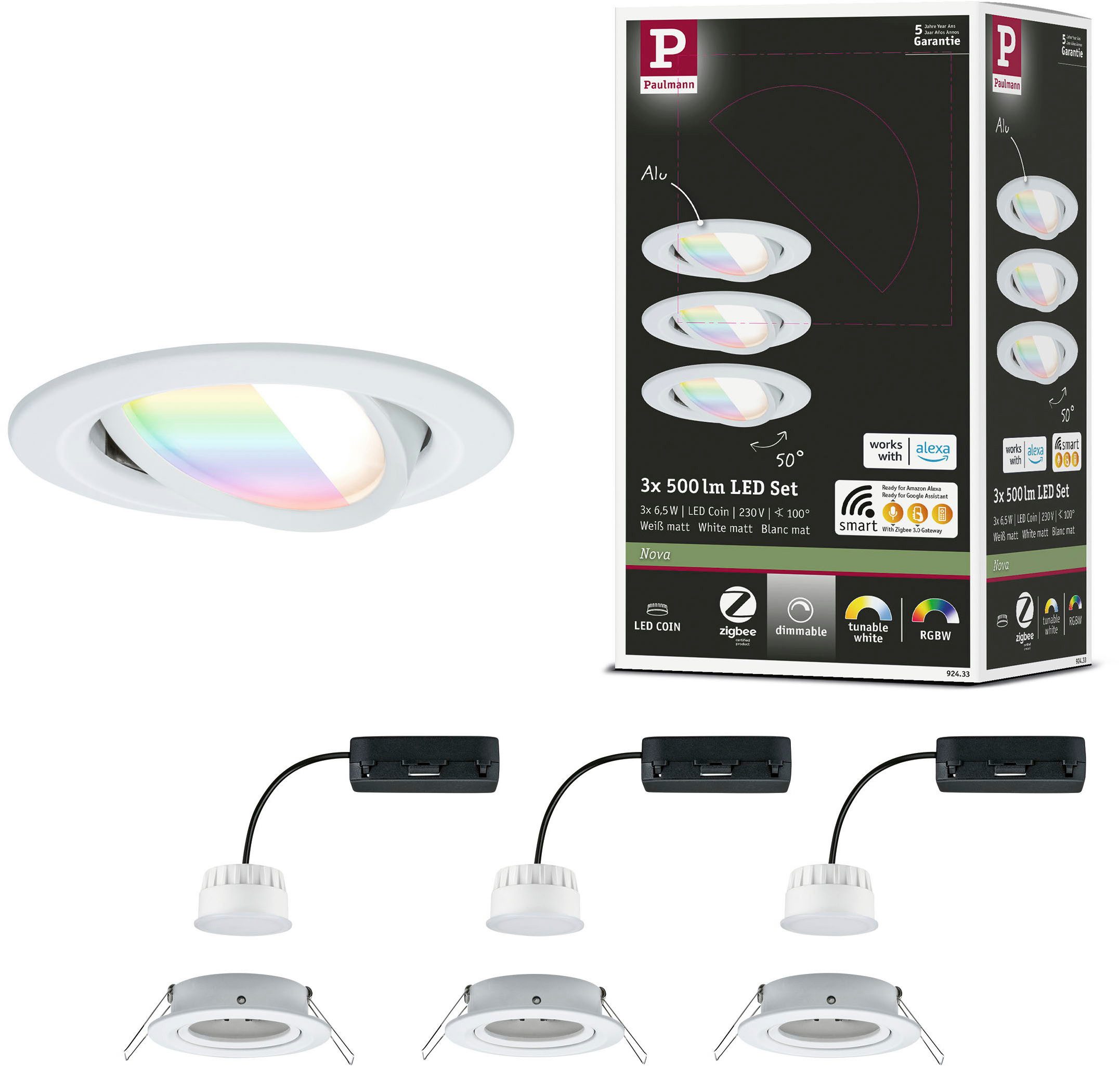 Paulmann LED Einbauleuchte LED Einbauleuchte Nova Coin rund 84mm 50°, LED fest integriert, Tageslichtweiß, Memoryfunktion, Farbwechsler, Farbsteuerung, Dimmer, Smart Home