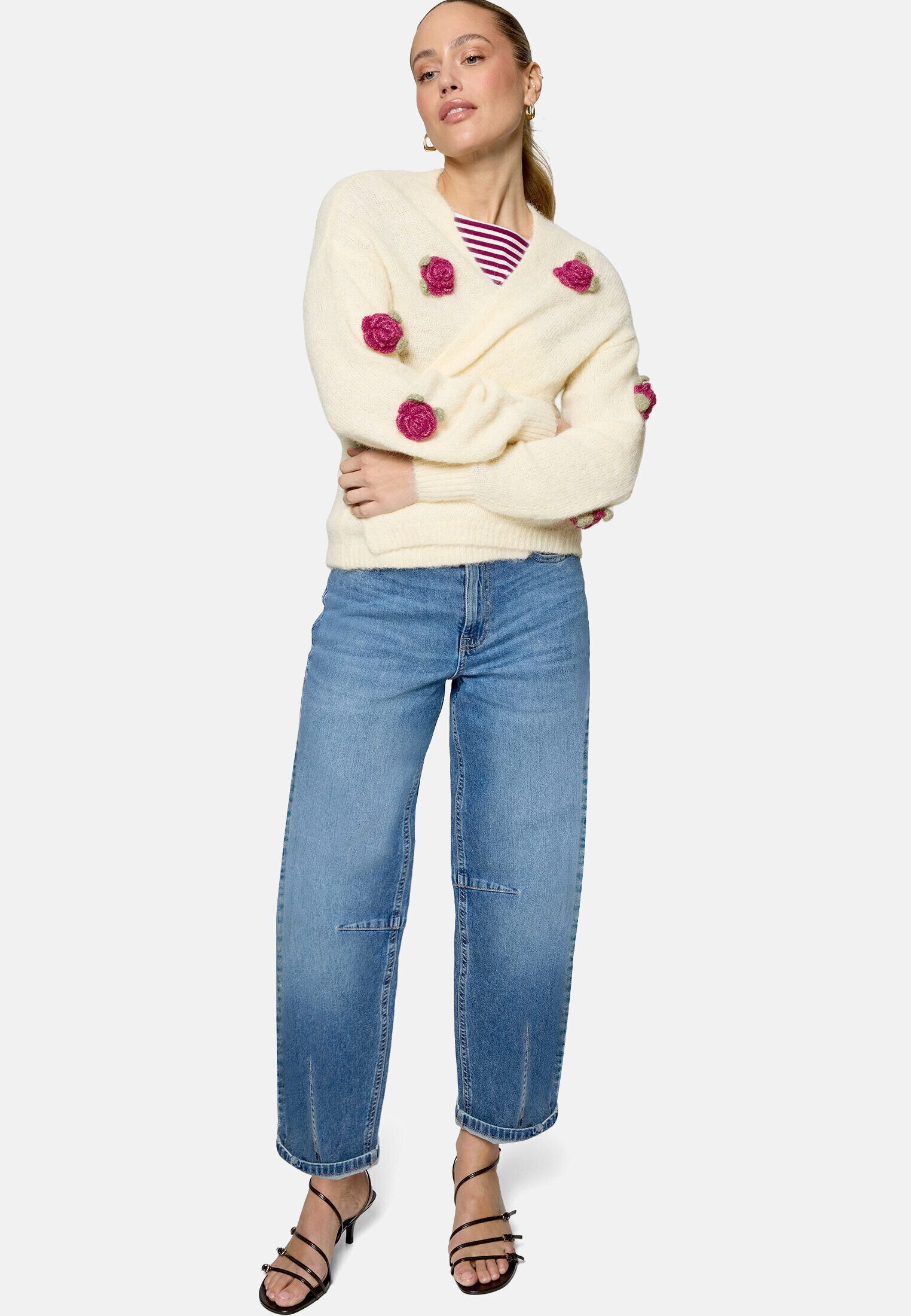 Zero Strickjacke Damen mit bunten 3D Blumen (1-tlg) Knopfleiste