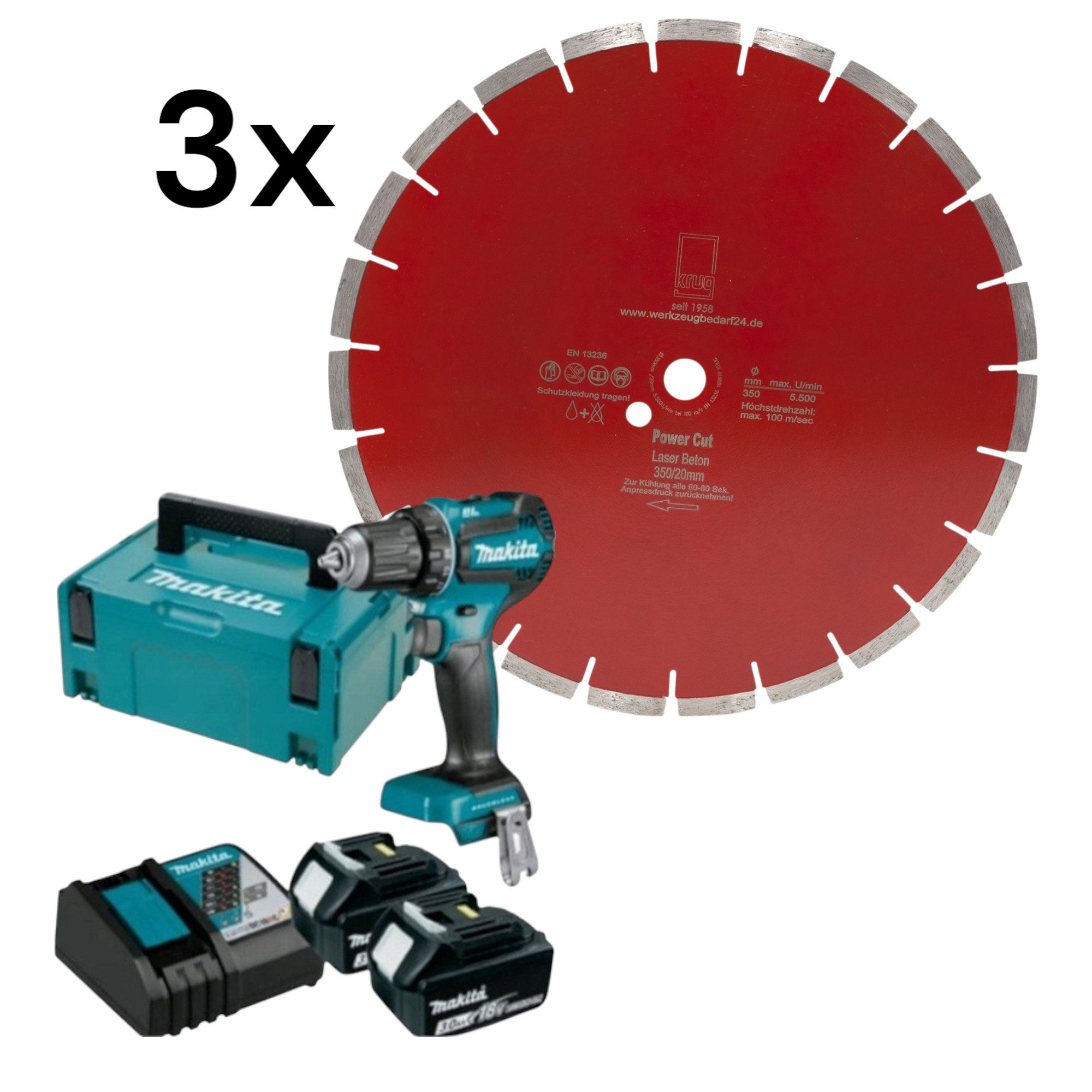 Makita Akku-Bohrmaschine Set 3xPower Cut Beton Laser 350/22 mm+ Makita DDF485RFJ2 2 x 3,0Ah + S