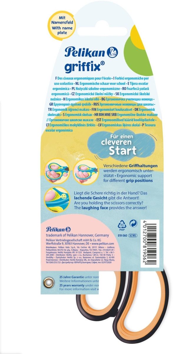 Pelikan Papierscheren Schulschere griffix spitz Rechtshänder NeonBlack