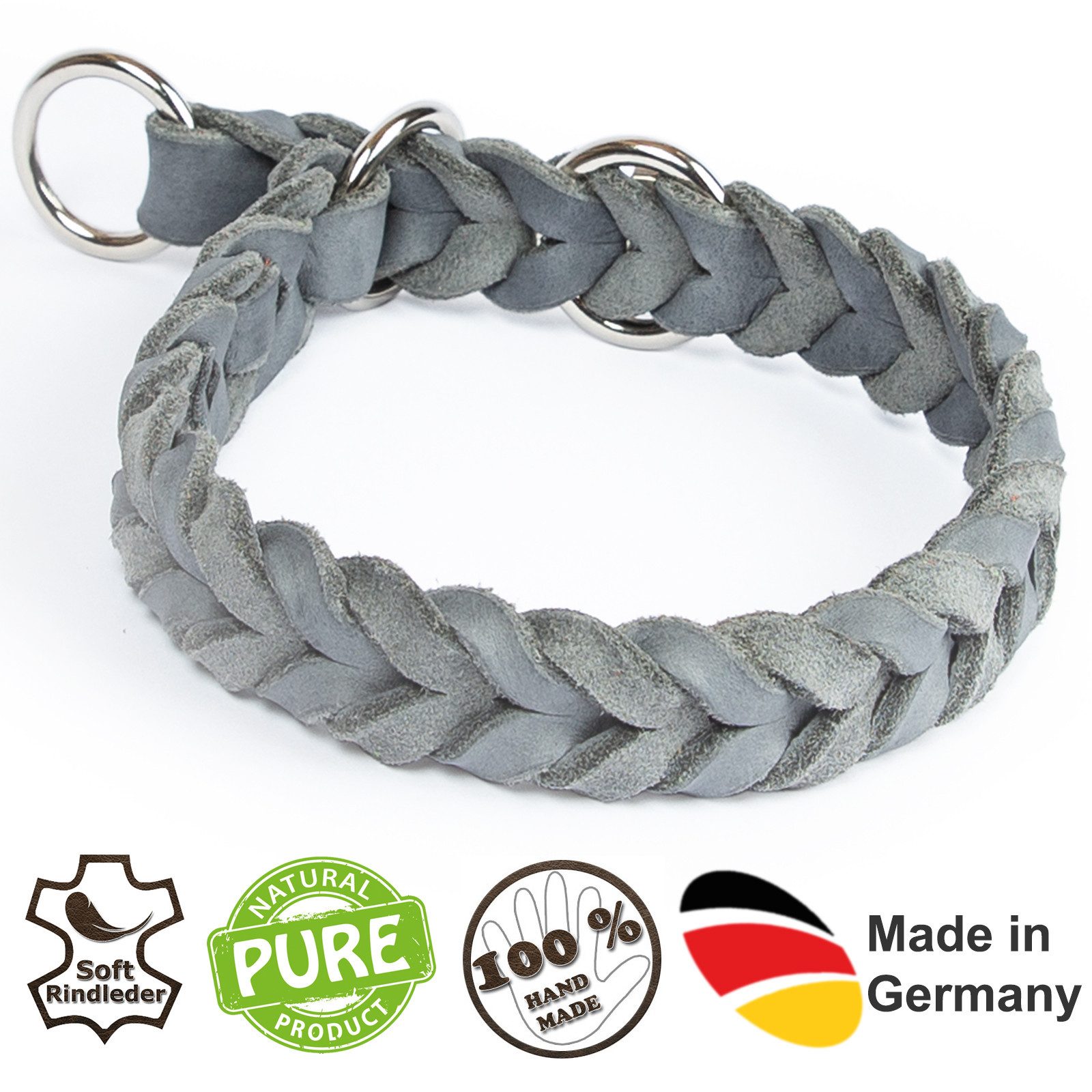 CopcoPet Hunde-Halsband Fettlederhalsband mit Zugstopp Ring, Verchromt, Leder, Geflochten, Handarbeit