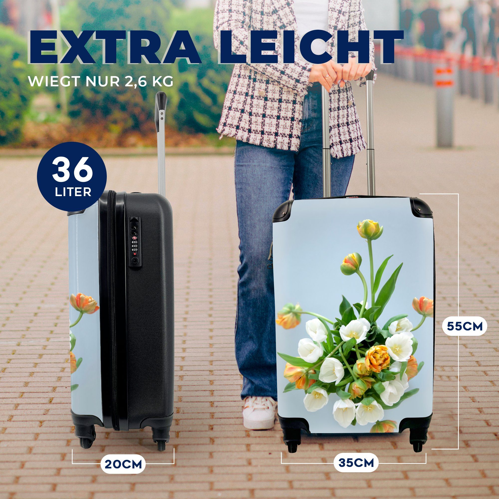 MuchoWow Handgepäckkoffer Weiße und orangefarbene Reisekoffer Tulpen Rollen, weißer Hintergrund, 4 Reisetasche mit für Trolley, rollen, Ferien, Handgepäck