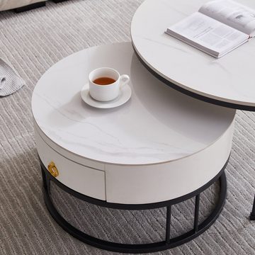 OKWISH Couchtisch Satztisch Rund Beistelltisch Kaffeetisch Wohnzimmertisch Sofatisch (Schiefer-Tischplatte, mit Schublade, Keine Lötstellenstruktur, 2-teiliges Set, 2-in-1 Set Tisch)