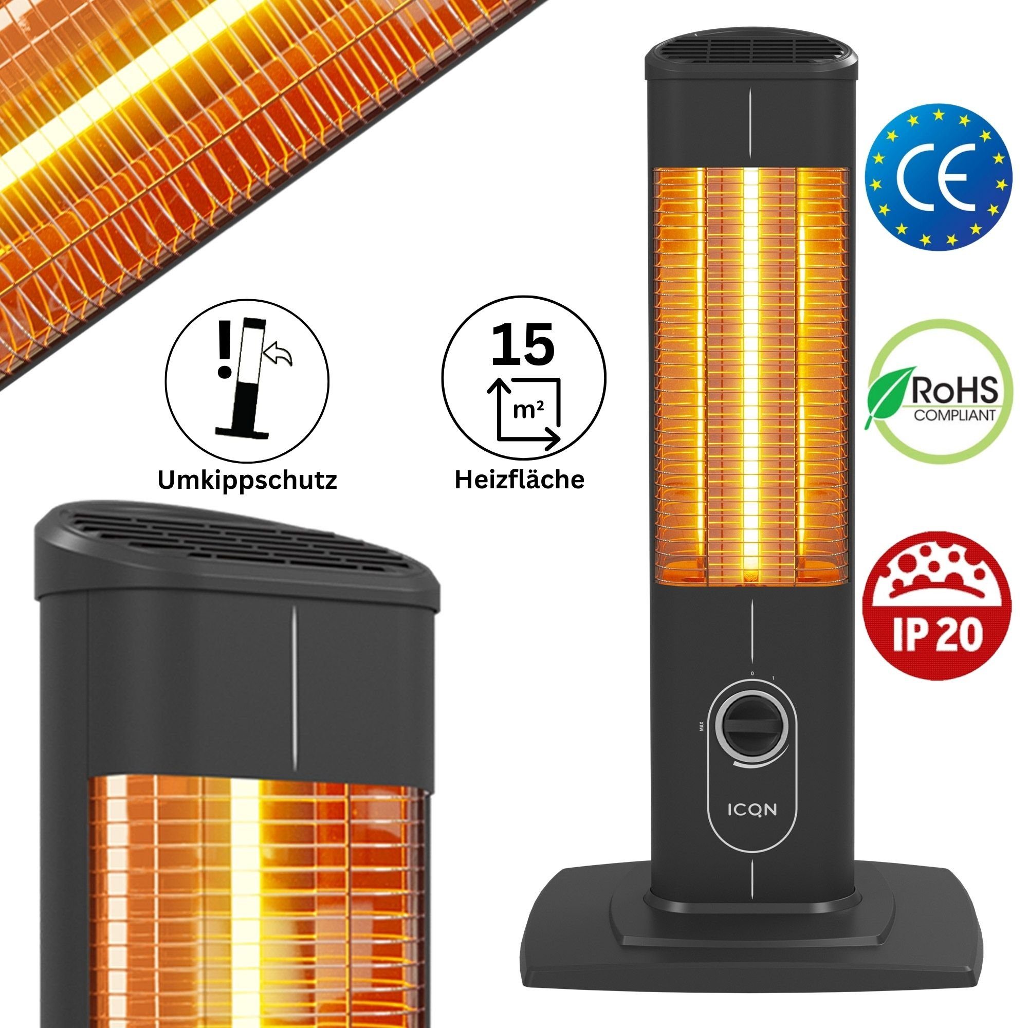 ICQN Heizstrahler Stand Heizstrahler, Infrarotheizung, Standgerät, 1500 W, Infrarotheizung für Innen- & Außenbereich, Standheizstrahler, IP20