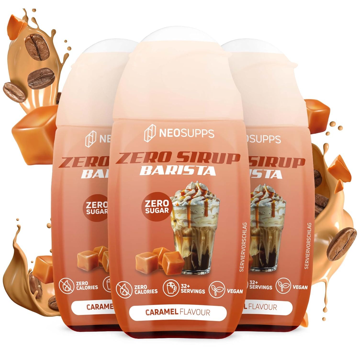 Neosupps Zero Sirup Barista, Caramel Geschmack, 3x65 ml Vegan Sirup, 195 ml, Ohne Zucker, Ohne Kalorien