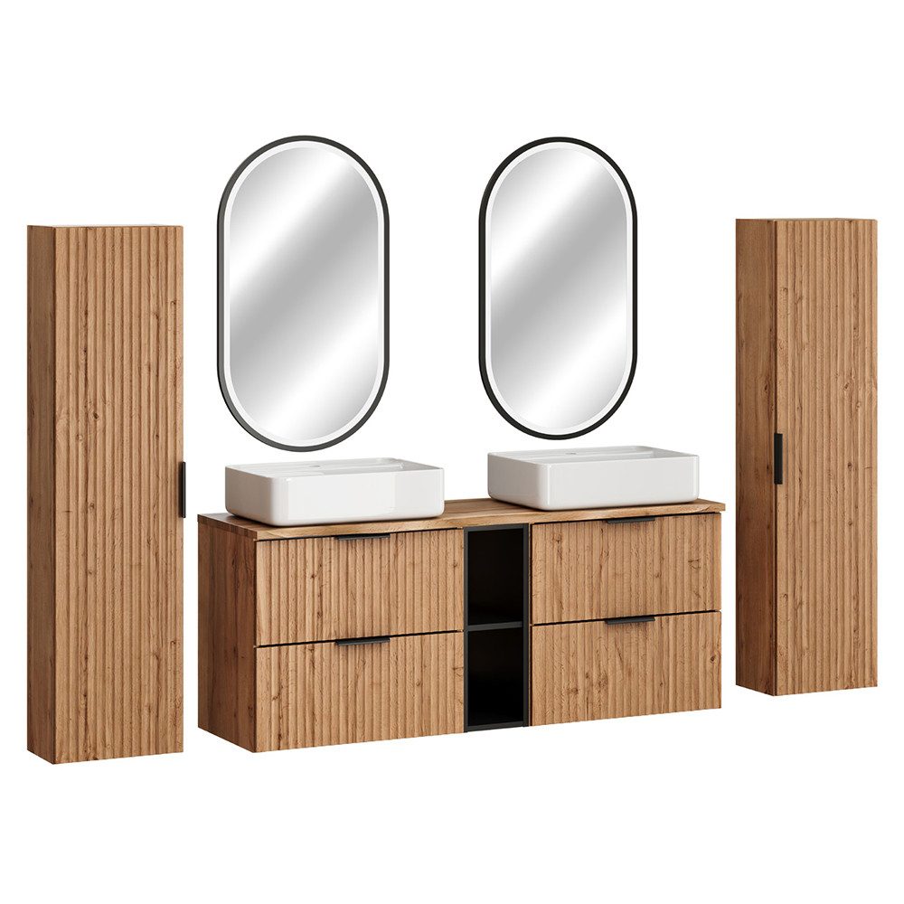 Lomadox Badmöbel-Set ADELAIDE-56, (Spar-Set, 5-St., Hochschränke LED-Spiegel Doppelwaschtisch), in Eiche, gerillte Front, Baumkantenoptik, LED-Beleuchtung