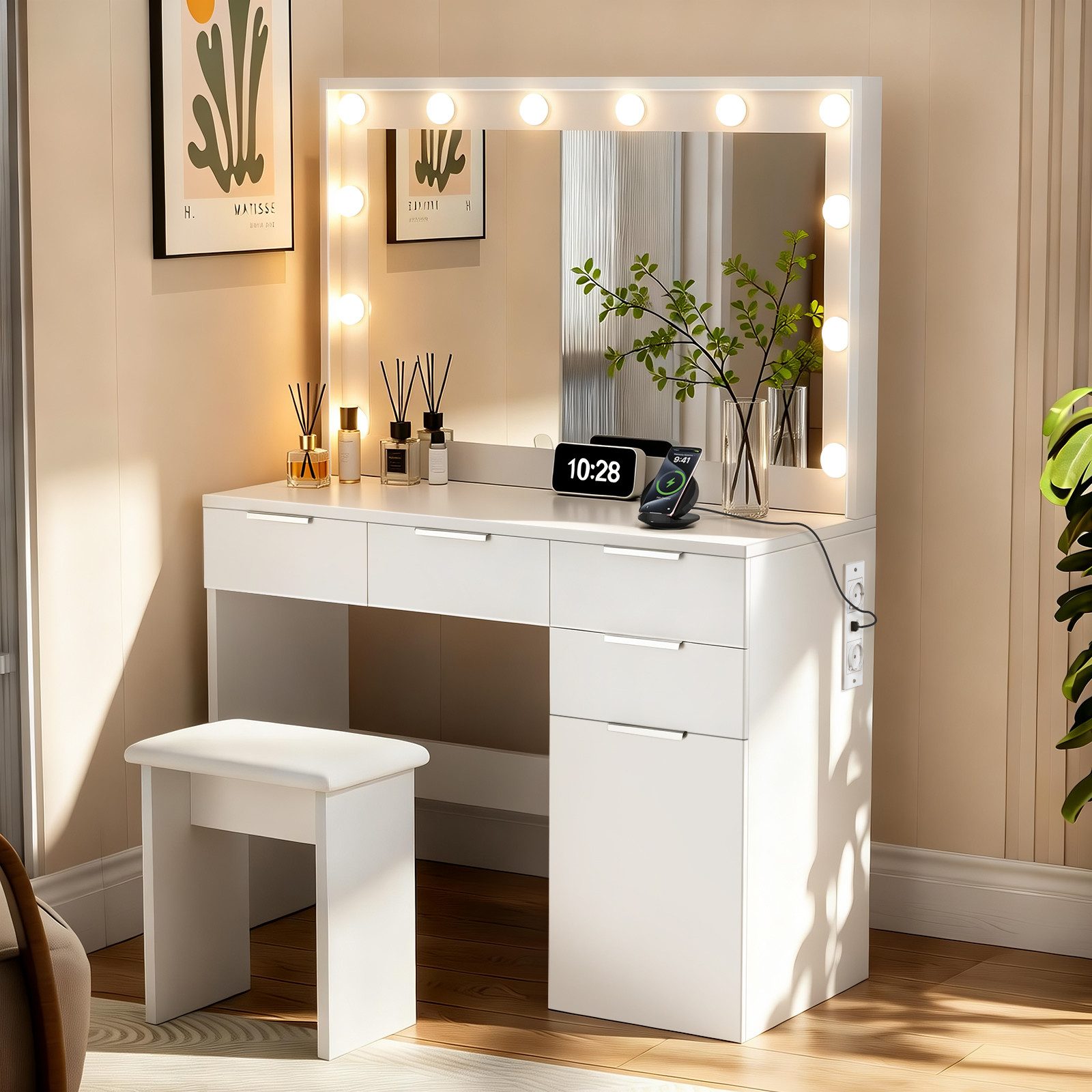 oyajia Schminktisch mit Spiegel und LED-Leuchten, Steckdosenleiste, Schubladen (1 Schränke, 12 dimmbare Glühbirnen, 3 Lichtfarben), Mit Hocker,für Ihr perfektes Make-up-Erlebnis