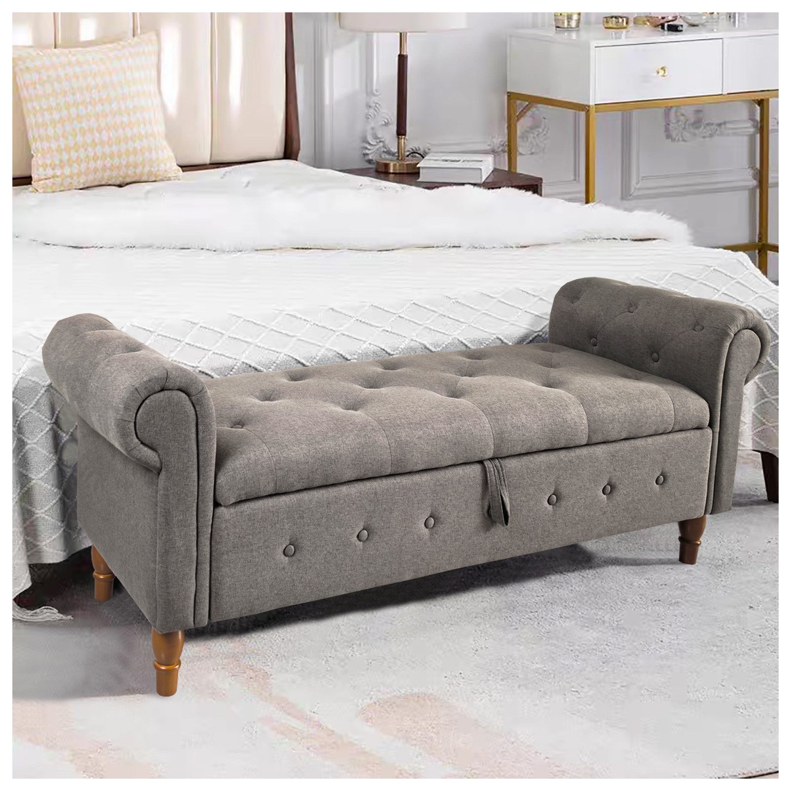 HTI-Living Truhenbank Gepolsterte Sitzbank mit Truhe Lora Leinen Grau (Stüc günstig online kaufen