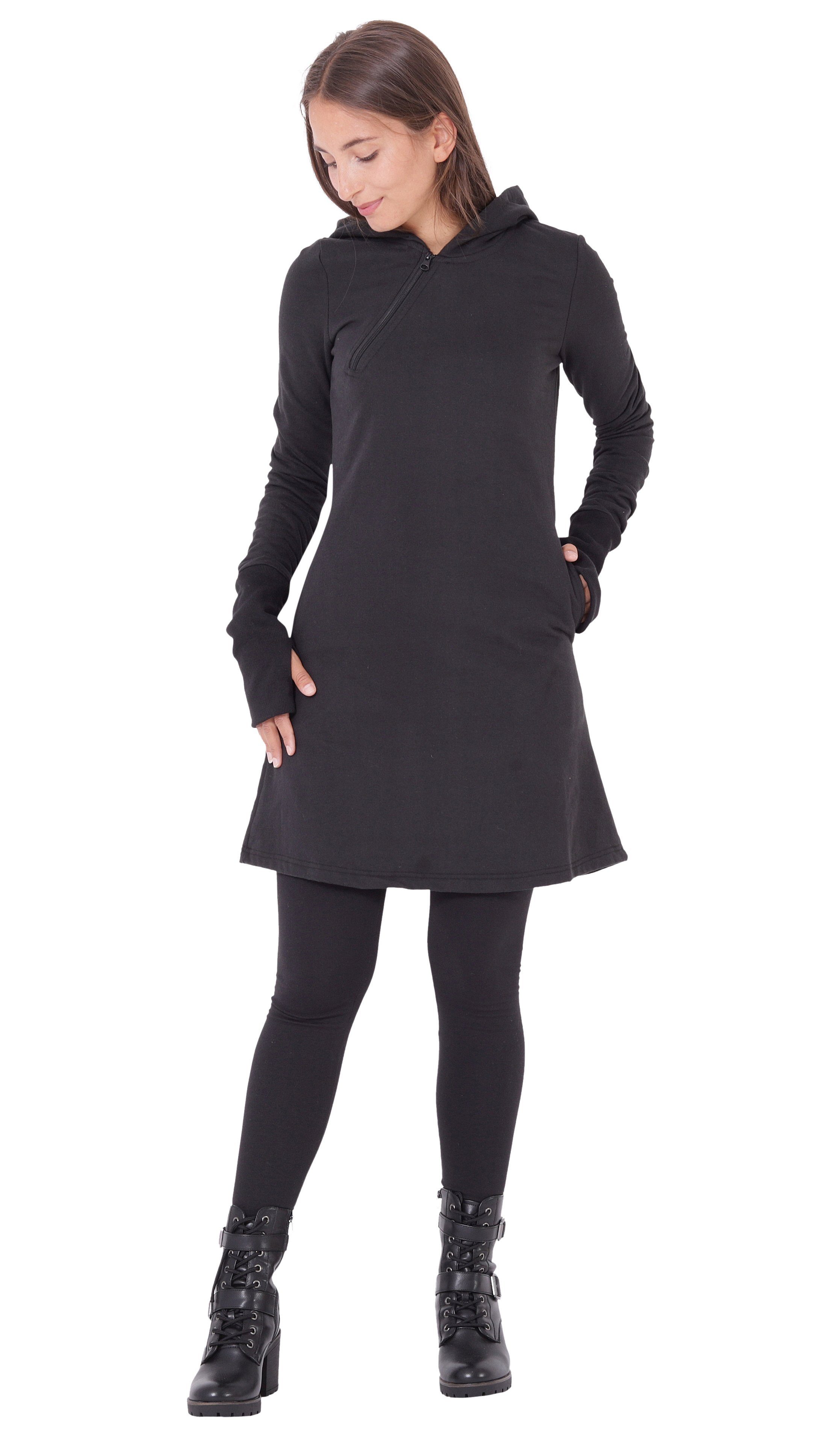 PUREWONDER Sweatkleid Sweat-Kleid mit Kapuze Einfarbig dr17 Schwarz XL mit günstig online kaufen