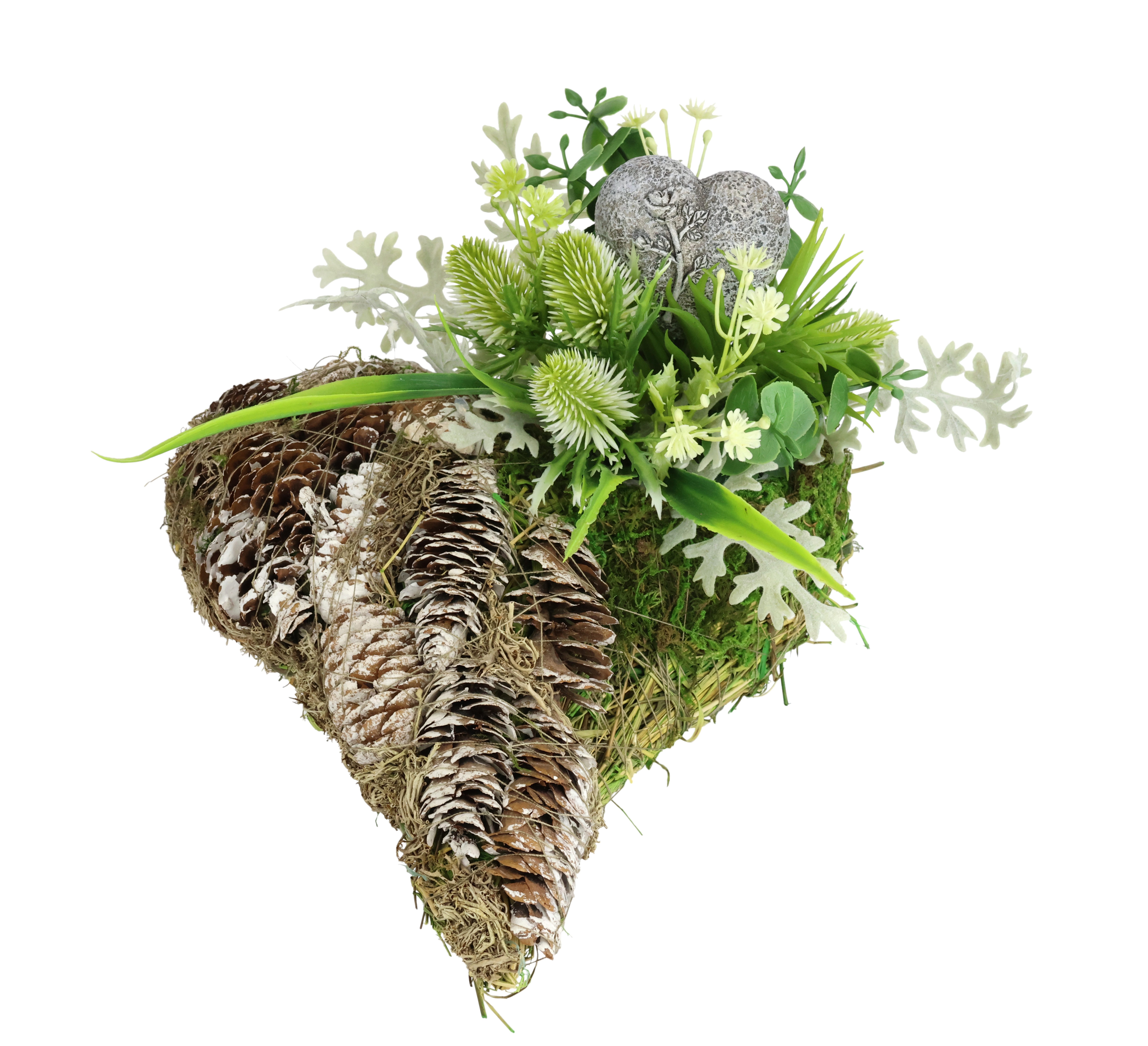 Kunstblume Kunstblumen-Gesteck mit Gedenk-Herz in Herz-Pflanzschale, OTTO home, Höhe 12 cm, Dekoratives Herzgesteck mit Tannenzapfen und Kunstgrün in Naturoptik