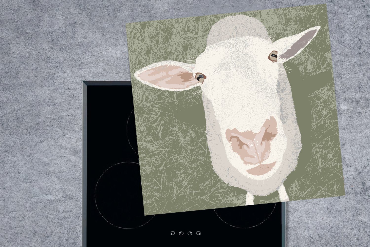 MuchoWow Herdblende-/Abdeckplatte Eine Illustration eines tlg), Arbeitsplatte nach Ceranfeldabdeckung, cm, küche 78x78 für (1 das Schafes, oben Vinyl, schaut