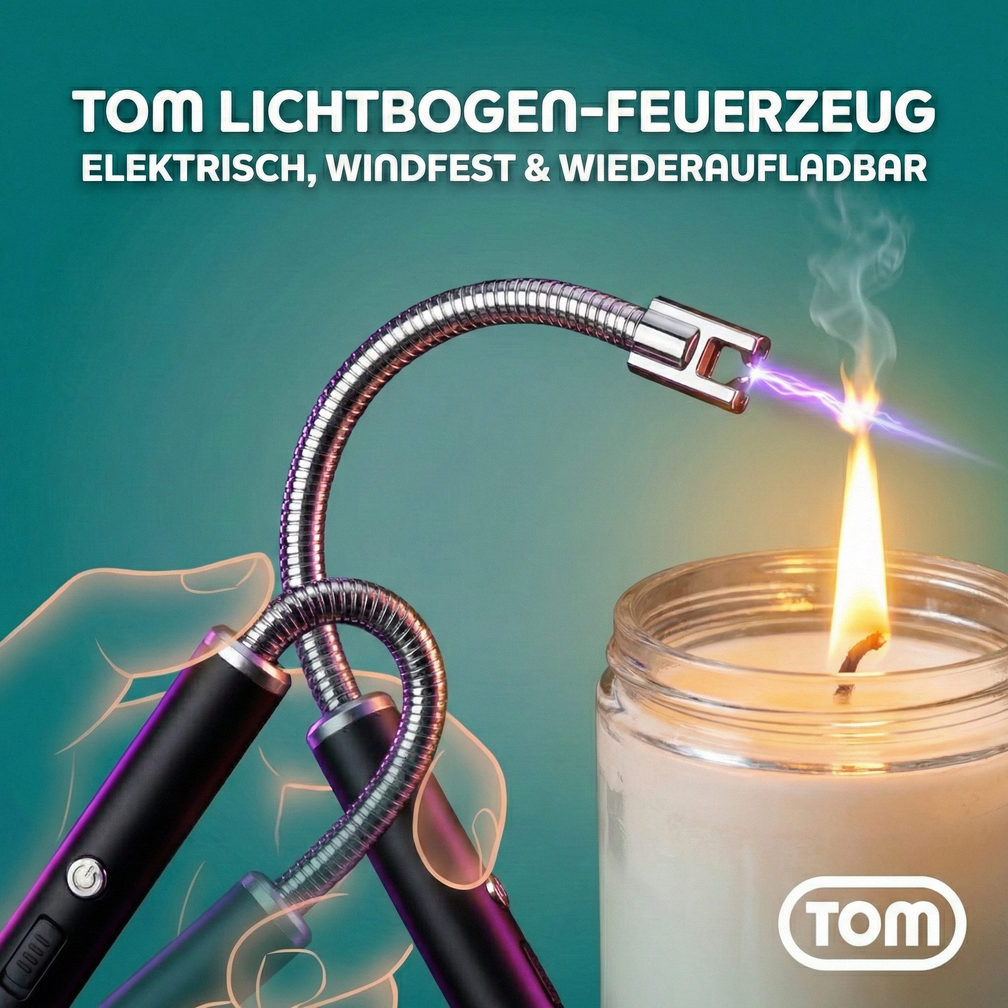 TOM Feuerzeug Lichtbogen Stabfeuerzeug, flexibler Stab, USB-Aufladbar mit Kabel, Aufladbar, windfestes Sturm Feuerzeug, Electic Lighter