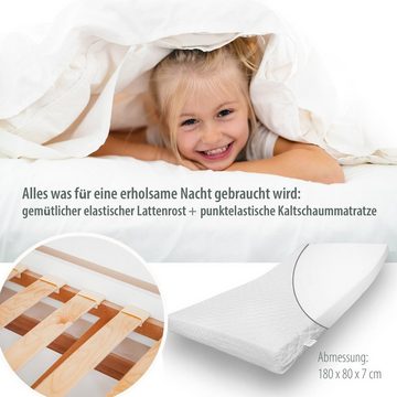 Alcube Kinderbett 80x180 cm I ISA, in Weiß Jugendbett 180x80 cm mit Schublade Matratze & Rausfallschutz, perfekt für Jungen & Mädchen