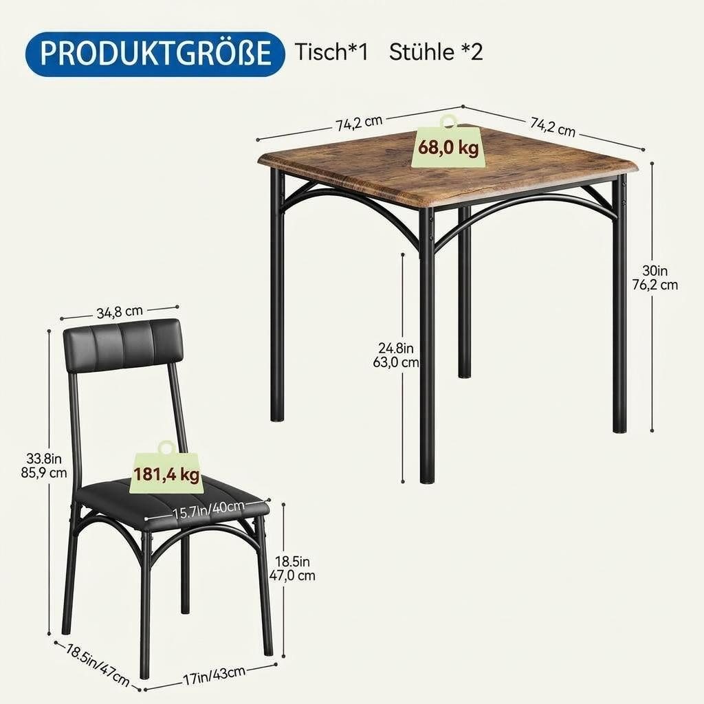 GarveeMore Essgruppe Ktichen Tisch mit 2 Stühlen für Küche & Esszimmer, Kompaktes Esszimmer-Set für kleine Räume(mit 2 Weiches Kissen Stühlen)